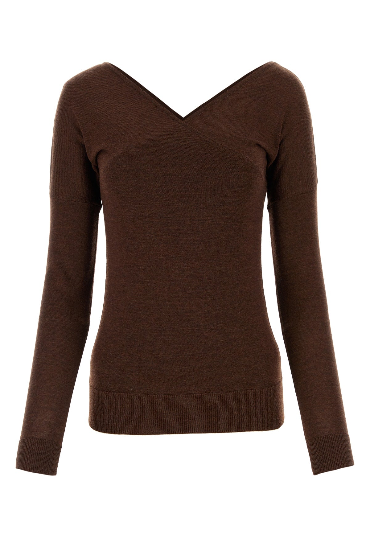 Crossover V-Neck Wool Sweater — Brown