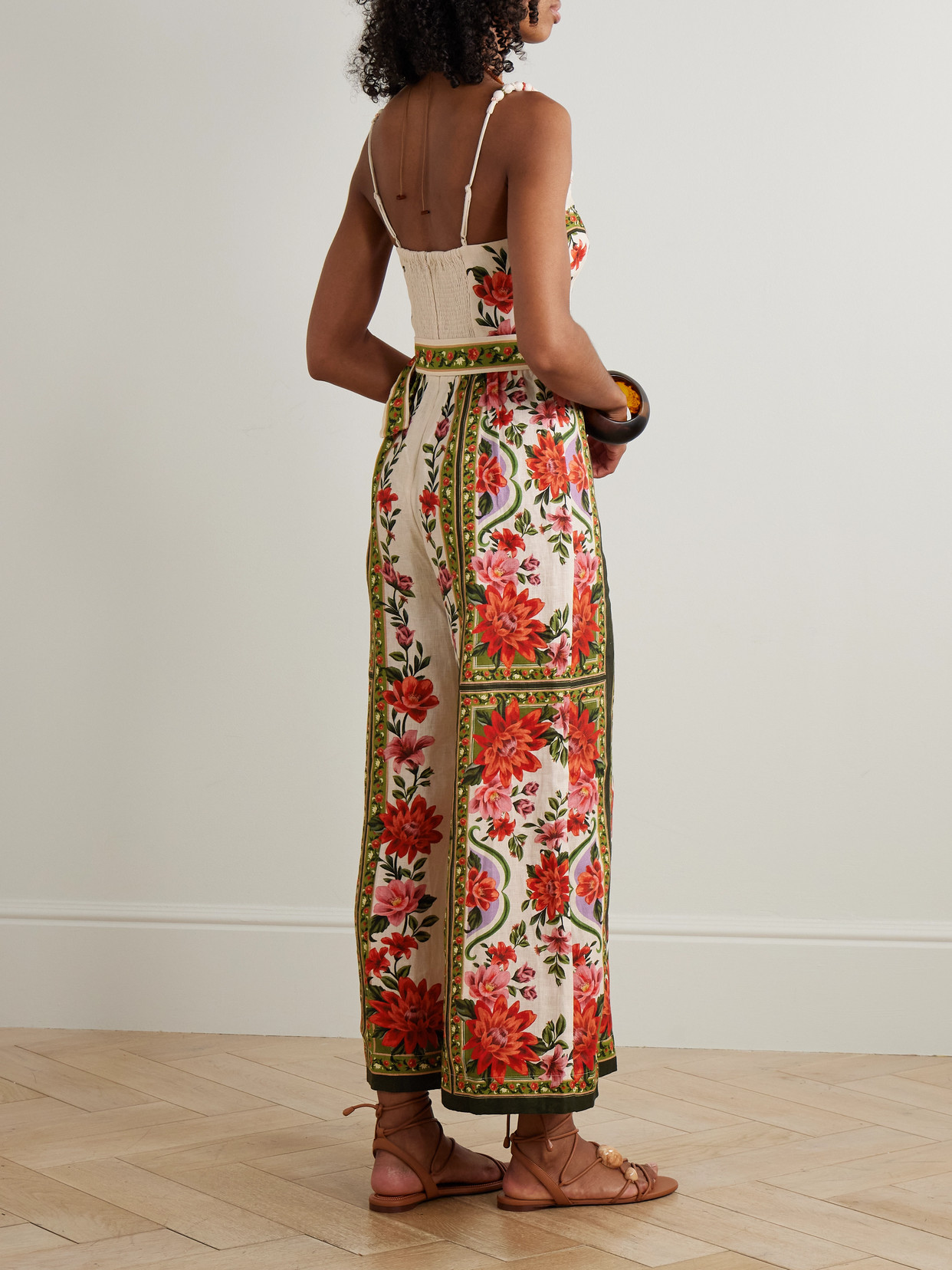 Wonder Rio Belted Embellished Printed Linen Jumpsuit - White