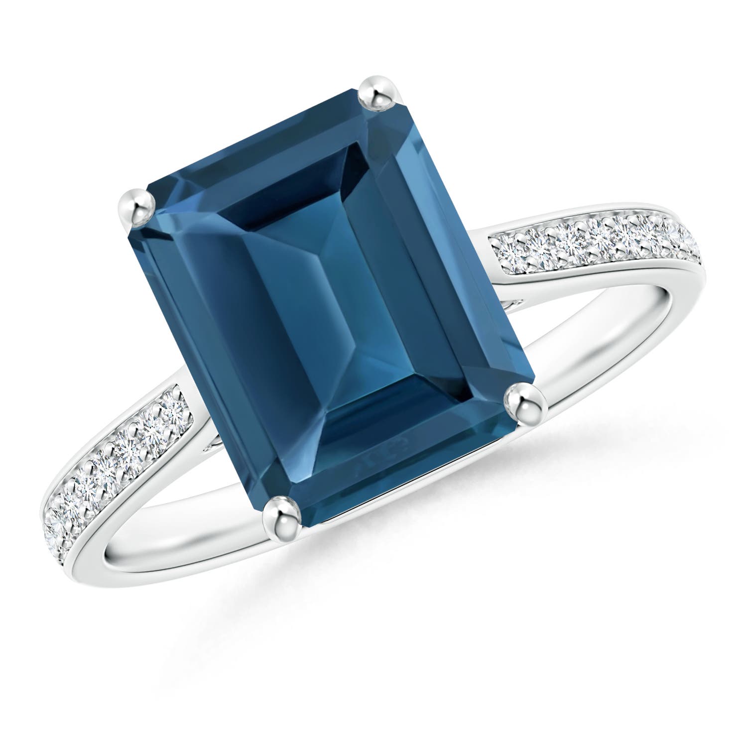 Angara 4.0 Carats Emerald-Cut London Blue Topaz Cocktail Ring with Diamonds in Platinum