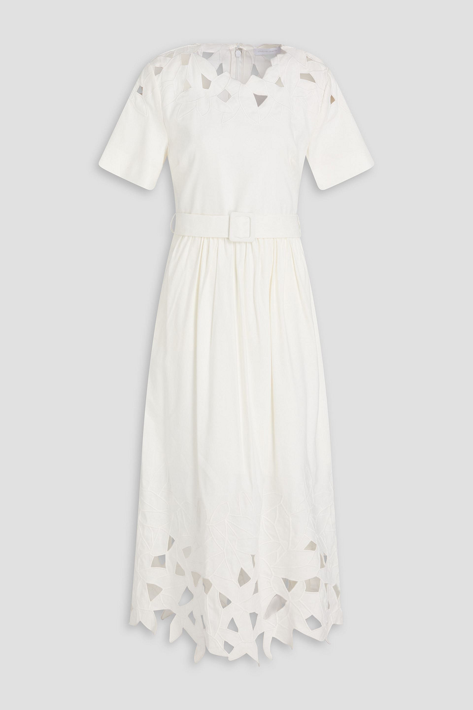 Belted cutout linen-blend midi dress - White - US 8