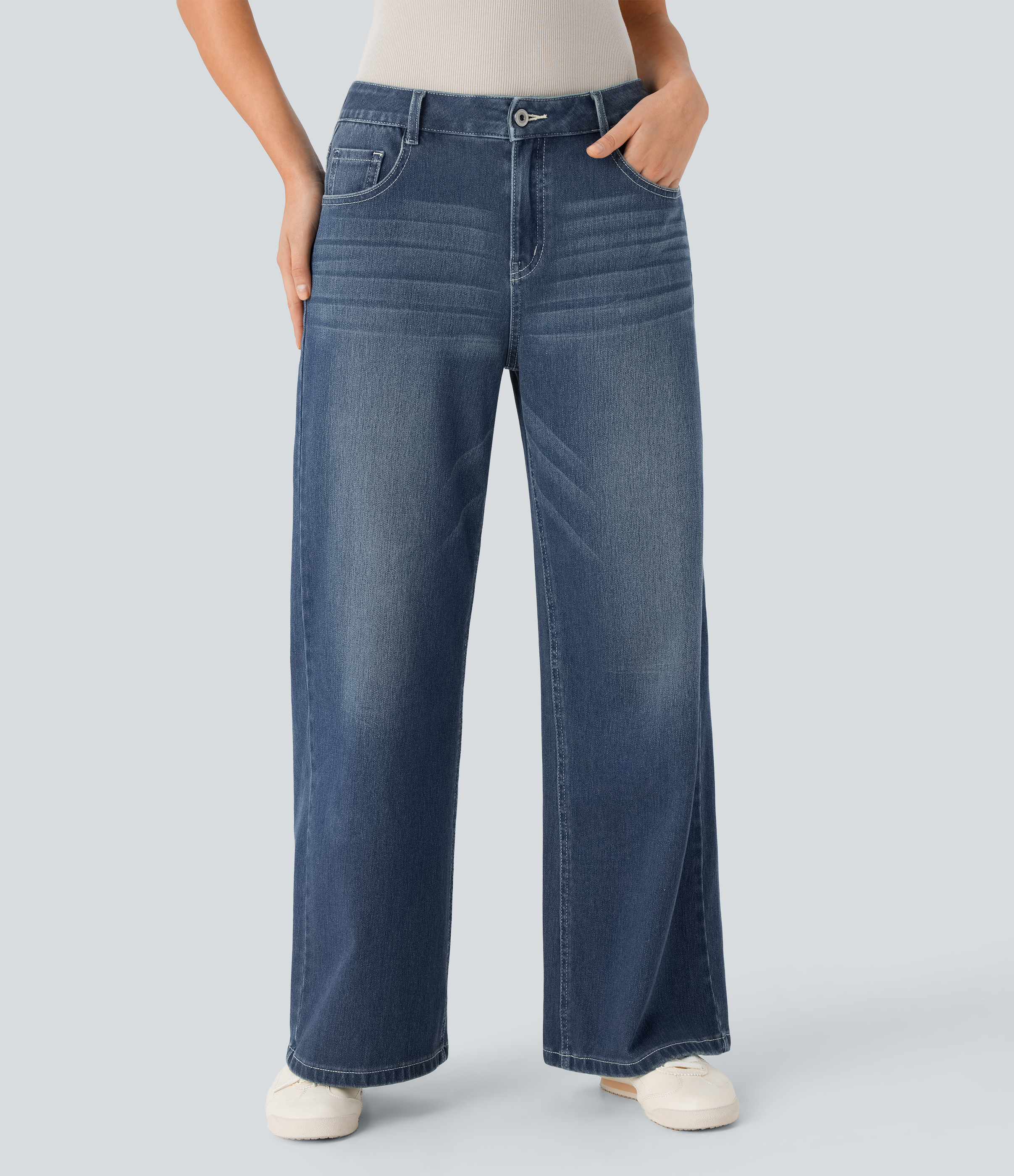 Flex™ Low Rise Zipper Pockets Washed Baggy Wide Leg Casual Jeans  - Cedar Blue Denim