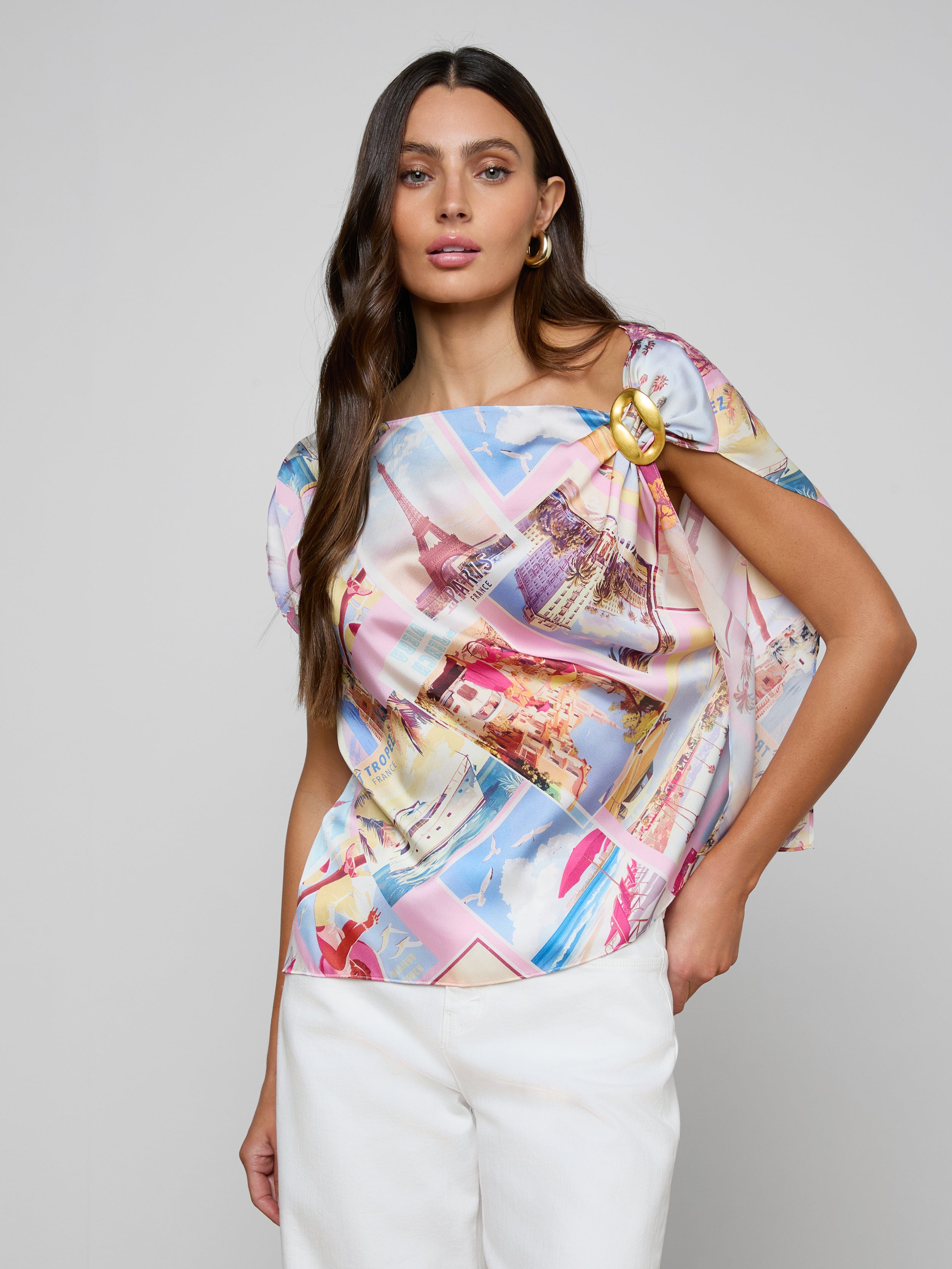 Driselle Scarf Top In Light Pink Multi Large Postcard Print