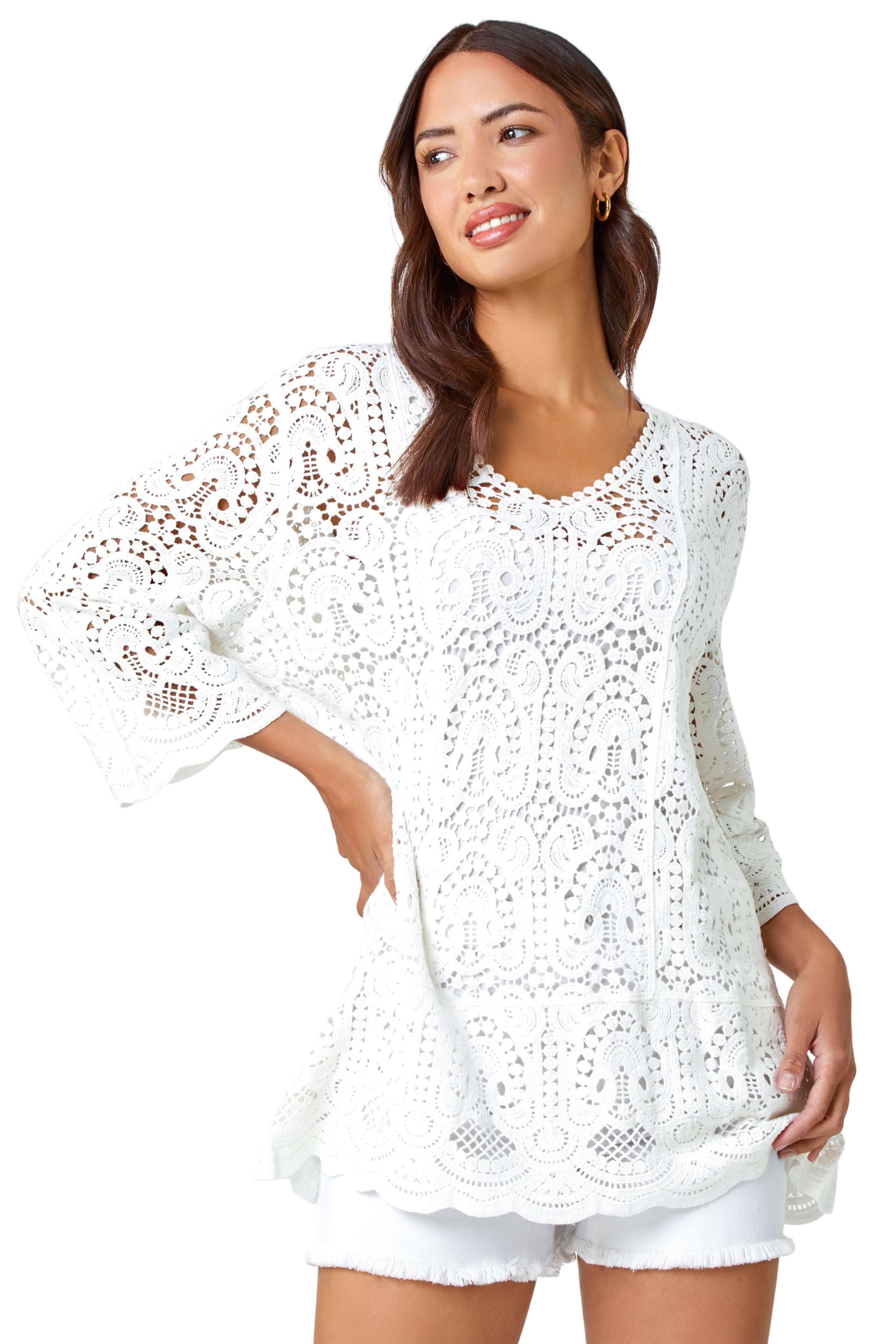 Roman Womens Cotton Crochet Tunic Top - White