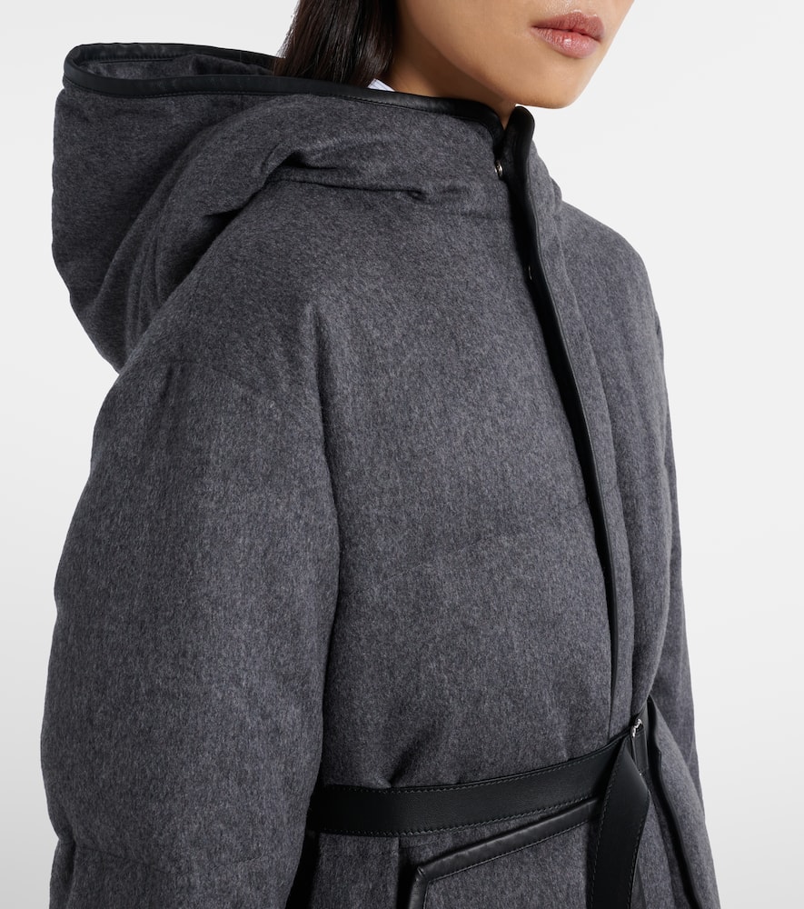 Belted hooded padded cashmere jacket