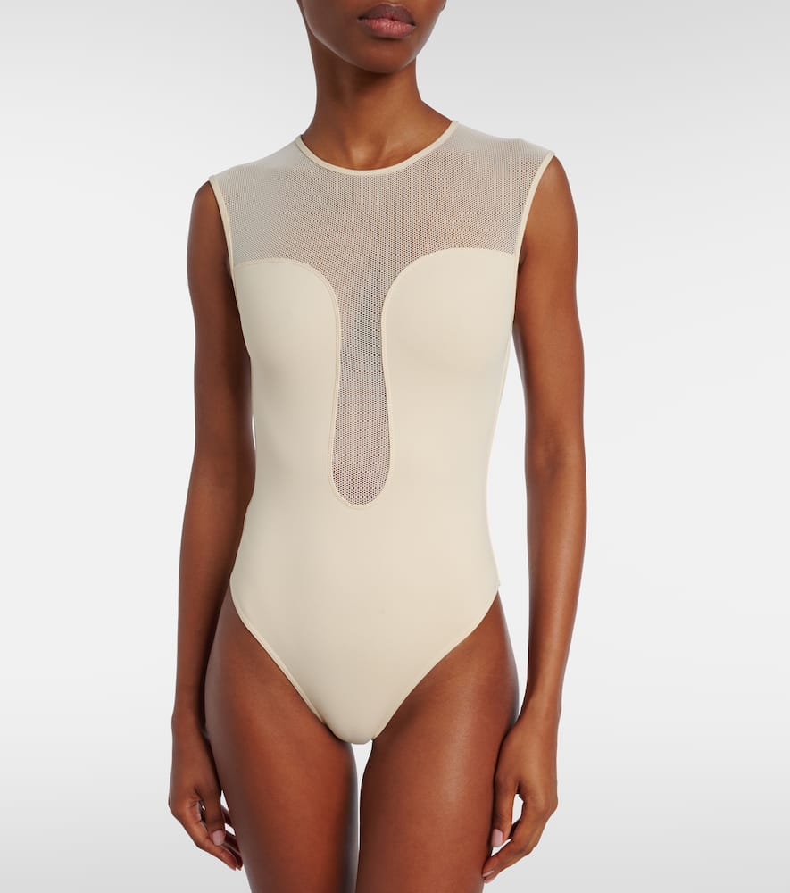 Unique mesh-trimmed jersey bodysuit