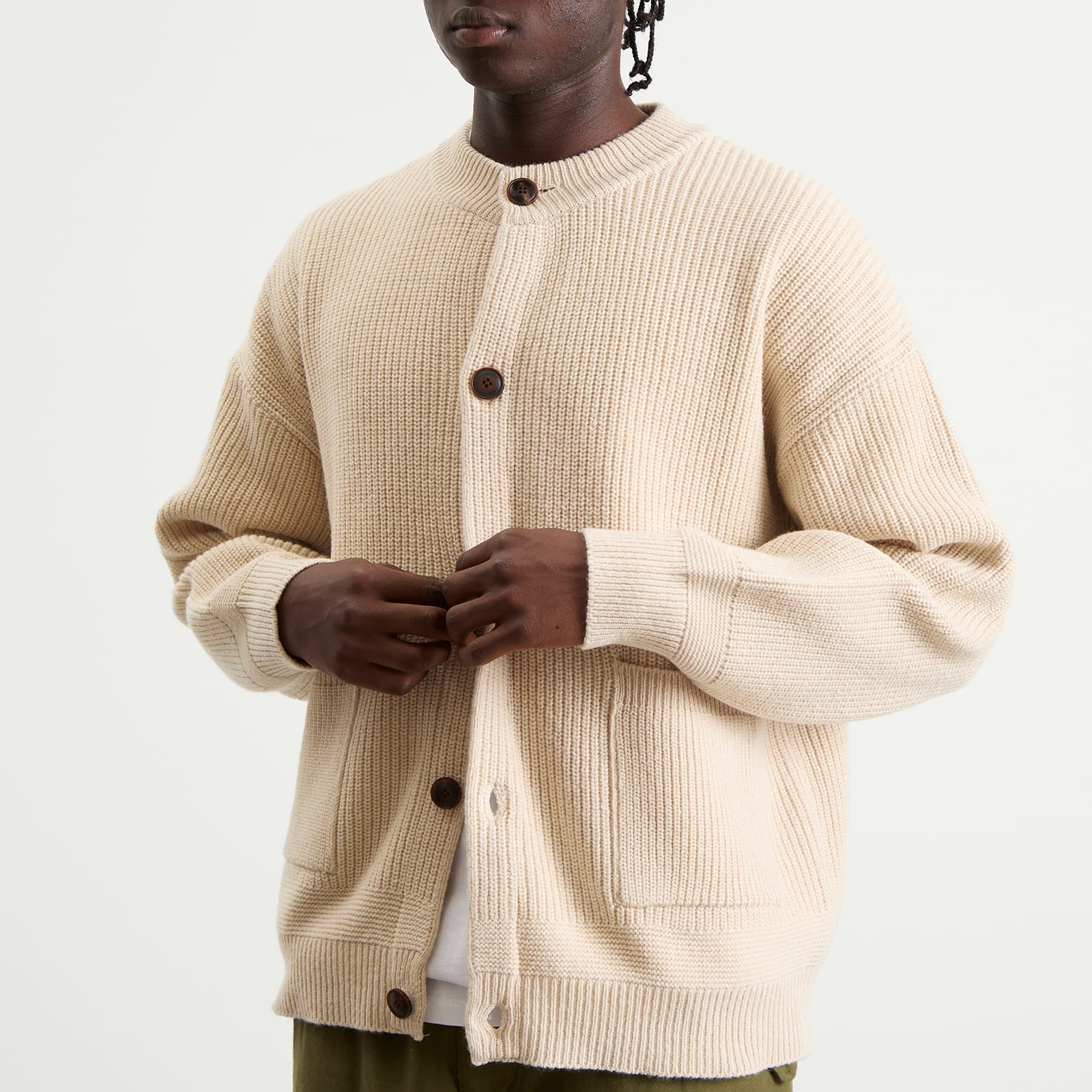 Men's Heavy Wool Round Cardigan Cream