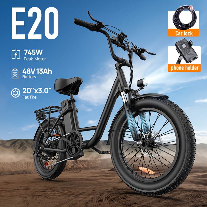 TEMU Electric Bike 20" X 3.0" Fat Tires, 745w Motor, 48v Removable Battery, 80 Miles Range, Lcd Color Display, E-bike, Dual - Perfect For Urban