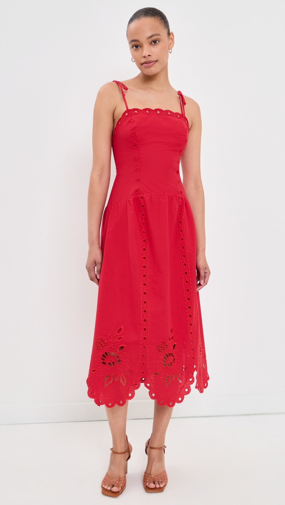Eyelet Midi Dress Red