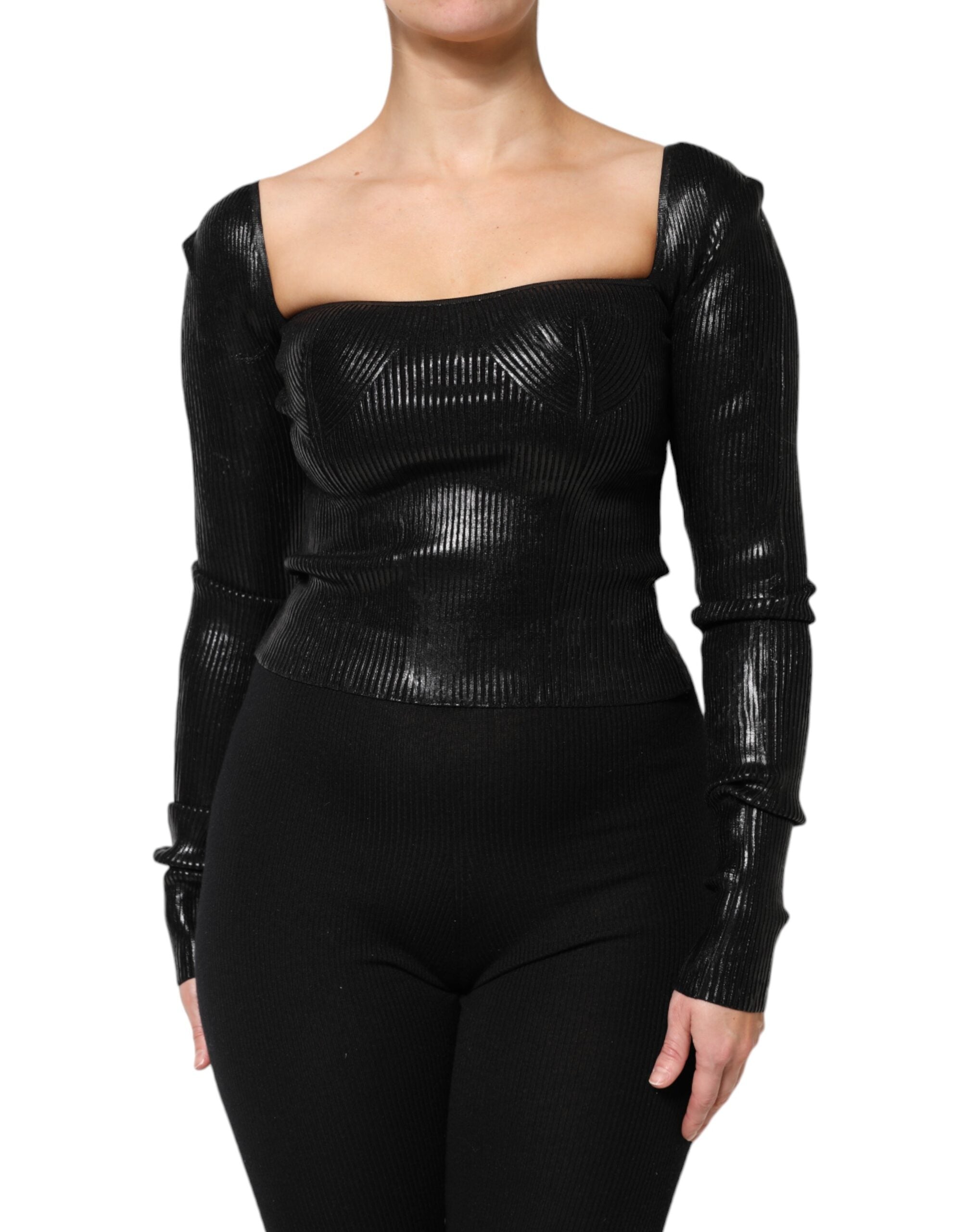 Ribbed Viscose with Ruched Bust Blouse — Black