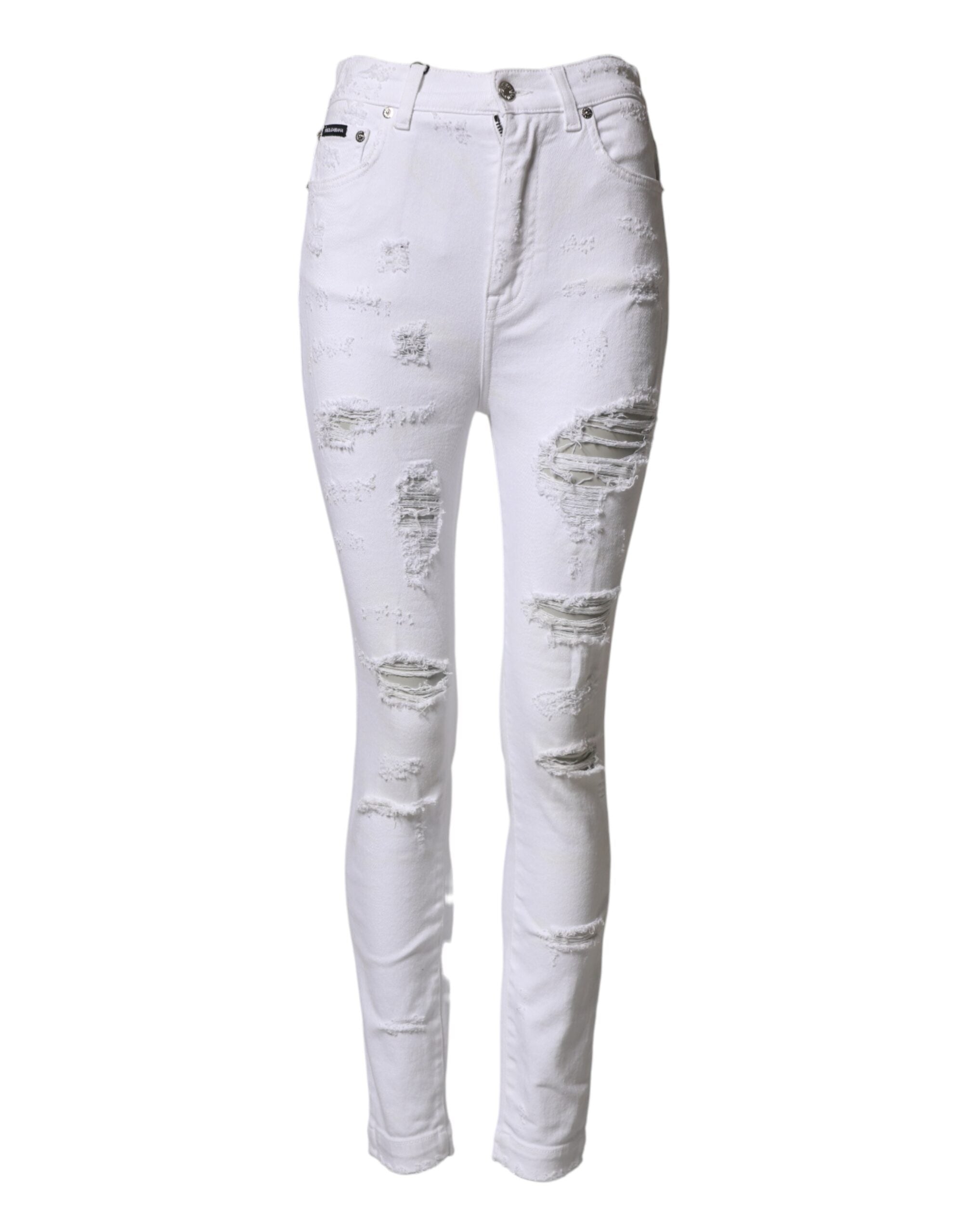 Distressed High-Waist Denim Jeans — White