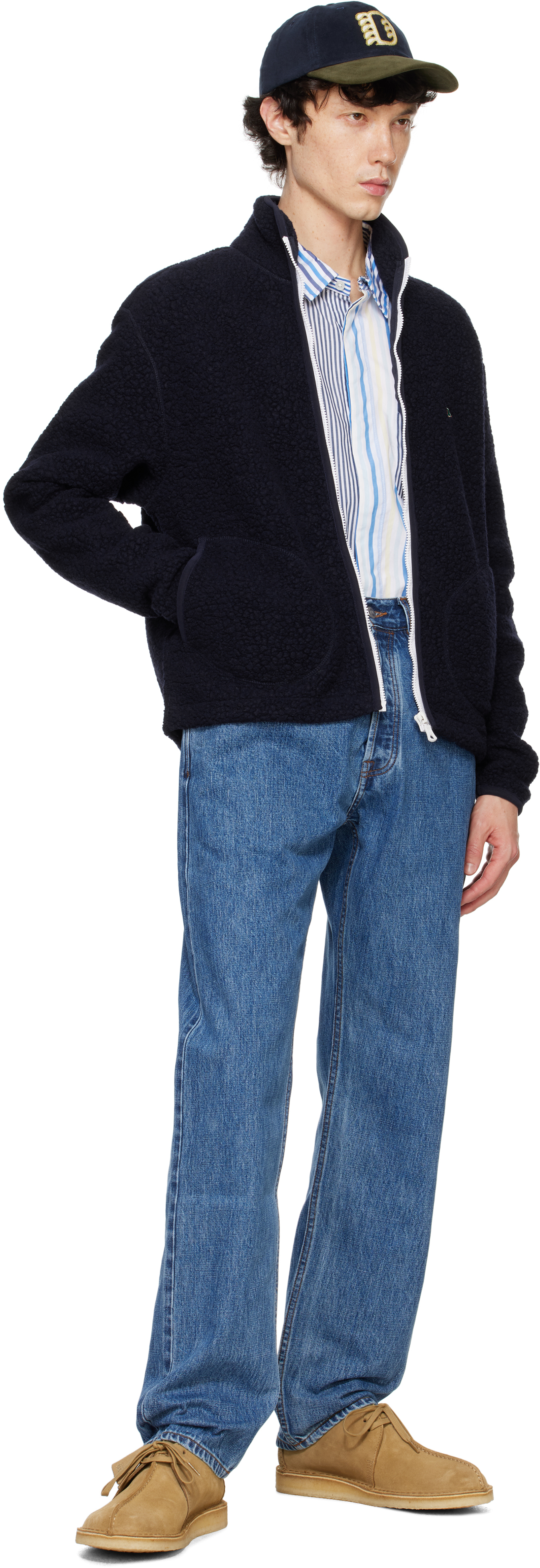 Drake's Navy Boucle Wool Zip Fleece Jacket
