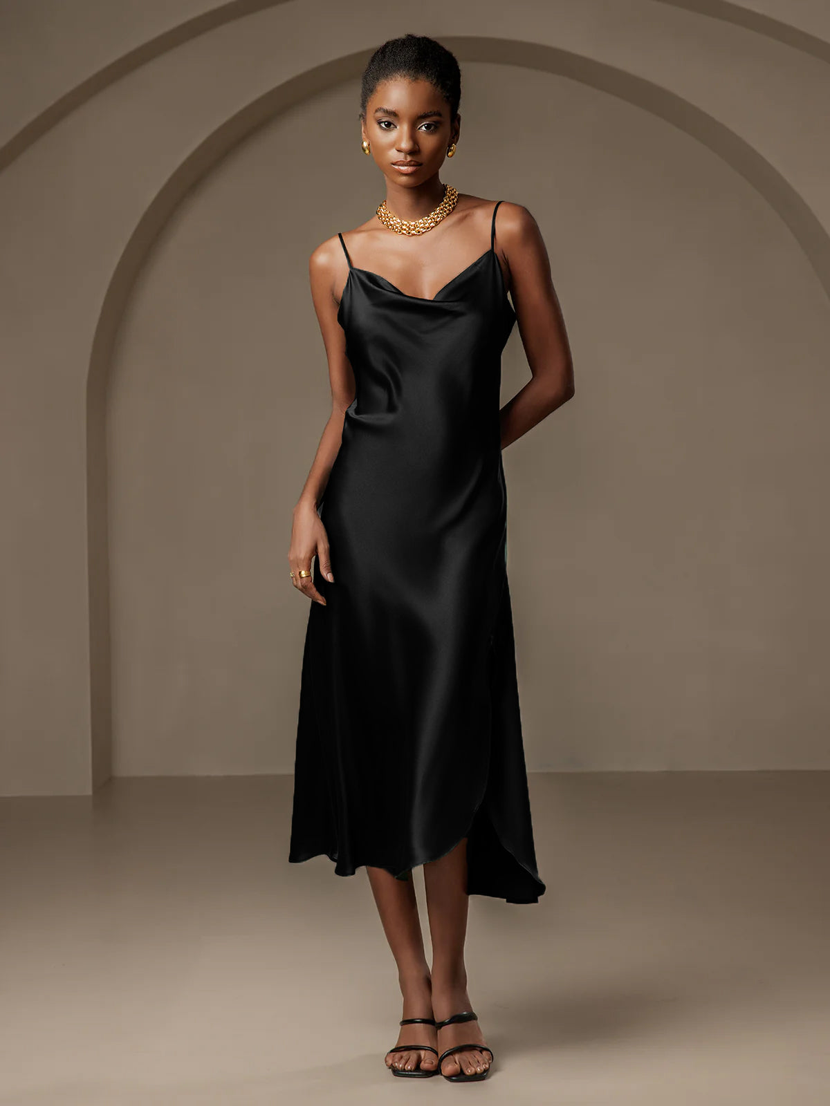 Pure Silk Spaghetti Strap Slit Long Dress