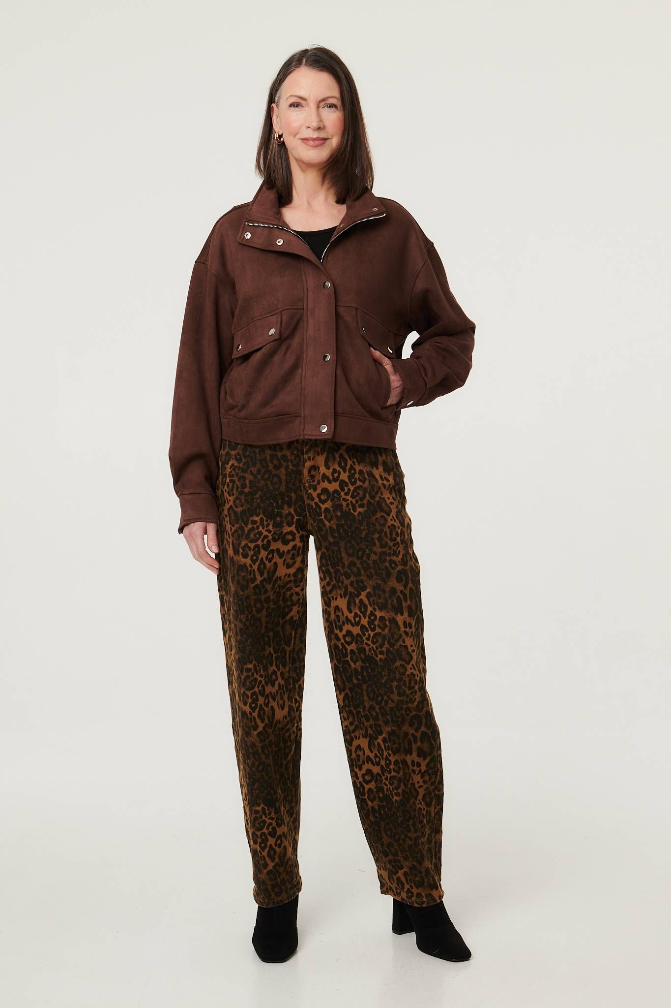 Izabel London Faux Suede Pocket Front Relaxed Jacket In Brown