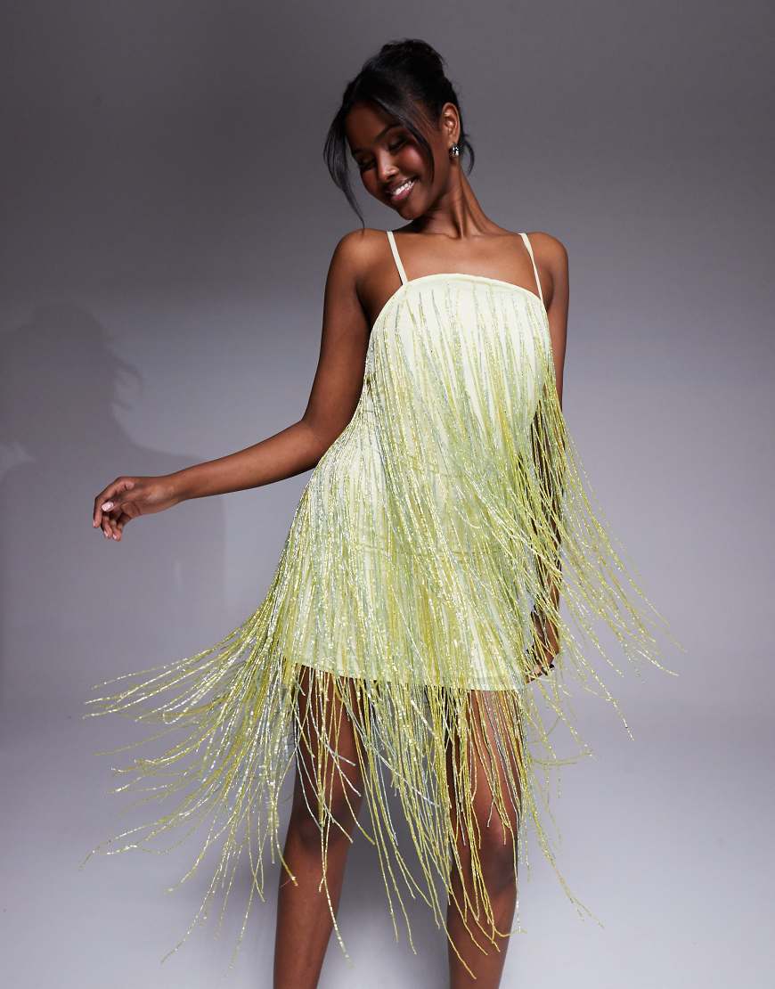 ASOS DESIGN beaded fringe mini cami dress in pale yellow