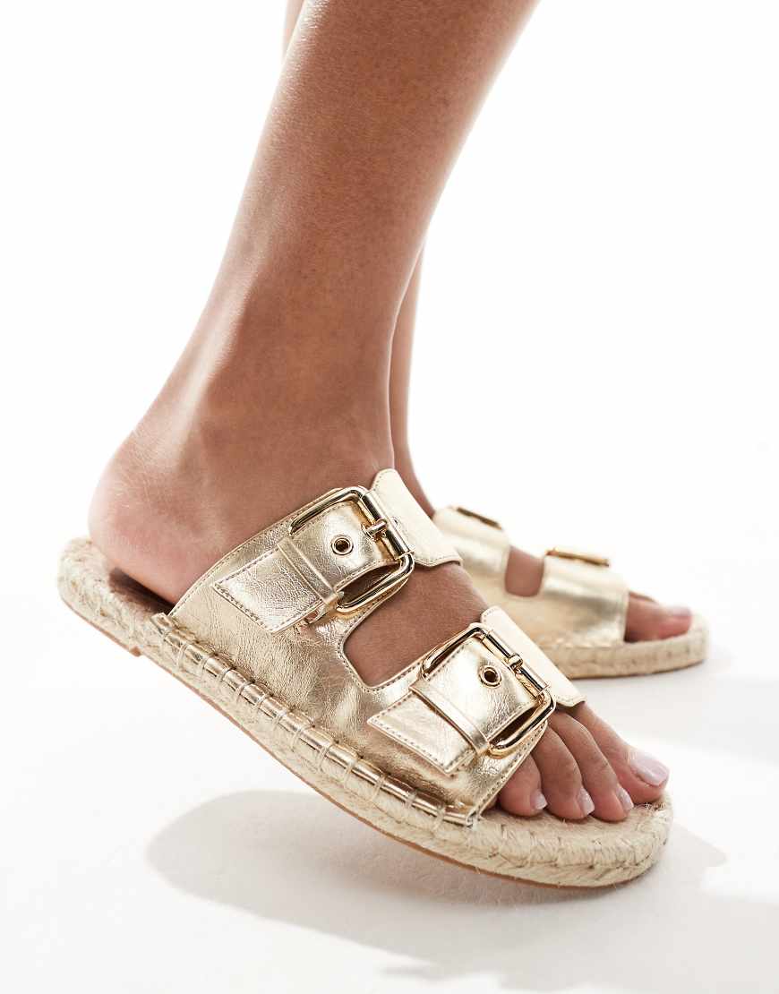 ASOS DESIGN Jada double buckle espadrille mules in gold metallic