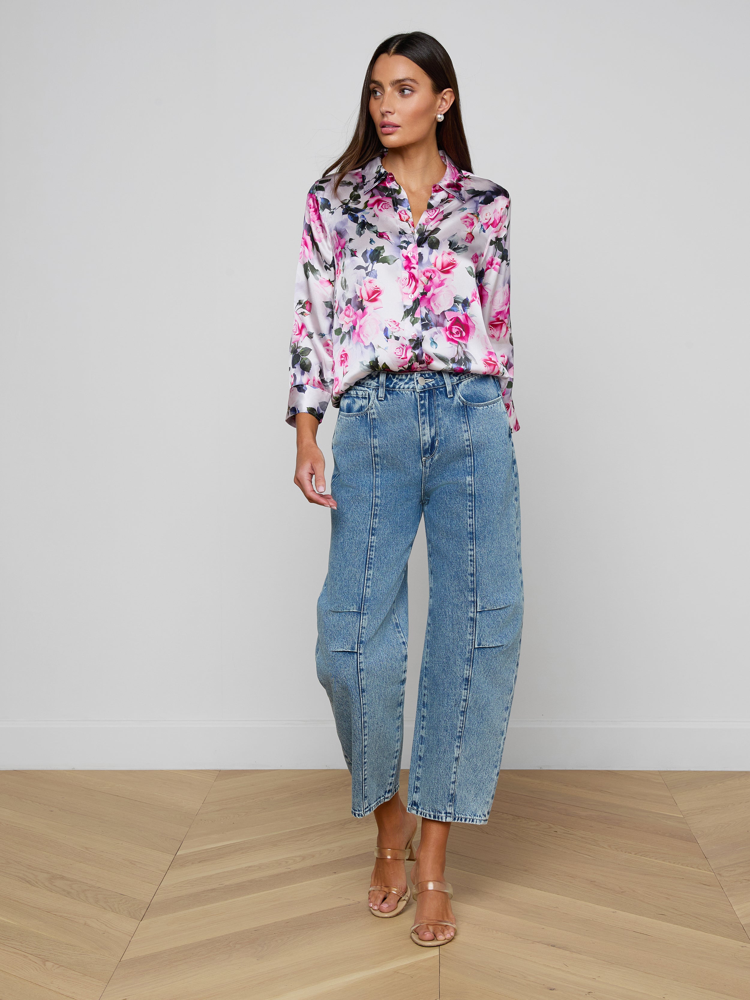 Dani Silk Blouse Top In Pink Multi Water Rose