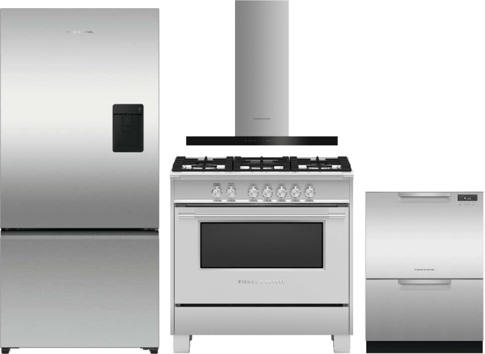 Fisher & Paykel 4 Piece Kitchen Appliances Package with Bottom Freezer Refrigerator, Gas Range and Dishwasher in Stainless Steel FPRERARHDW