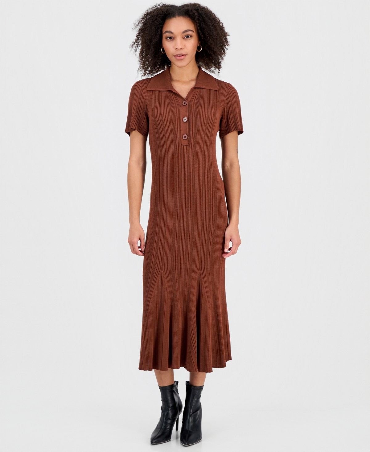 Women's Rib-Knit Short-Sleeve Midi Sweater Dress - Caramel