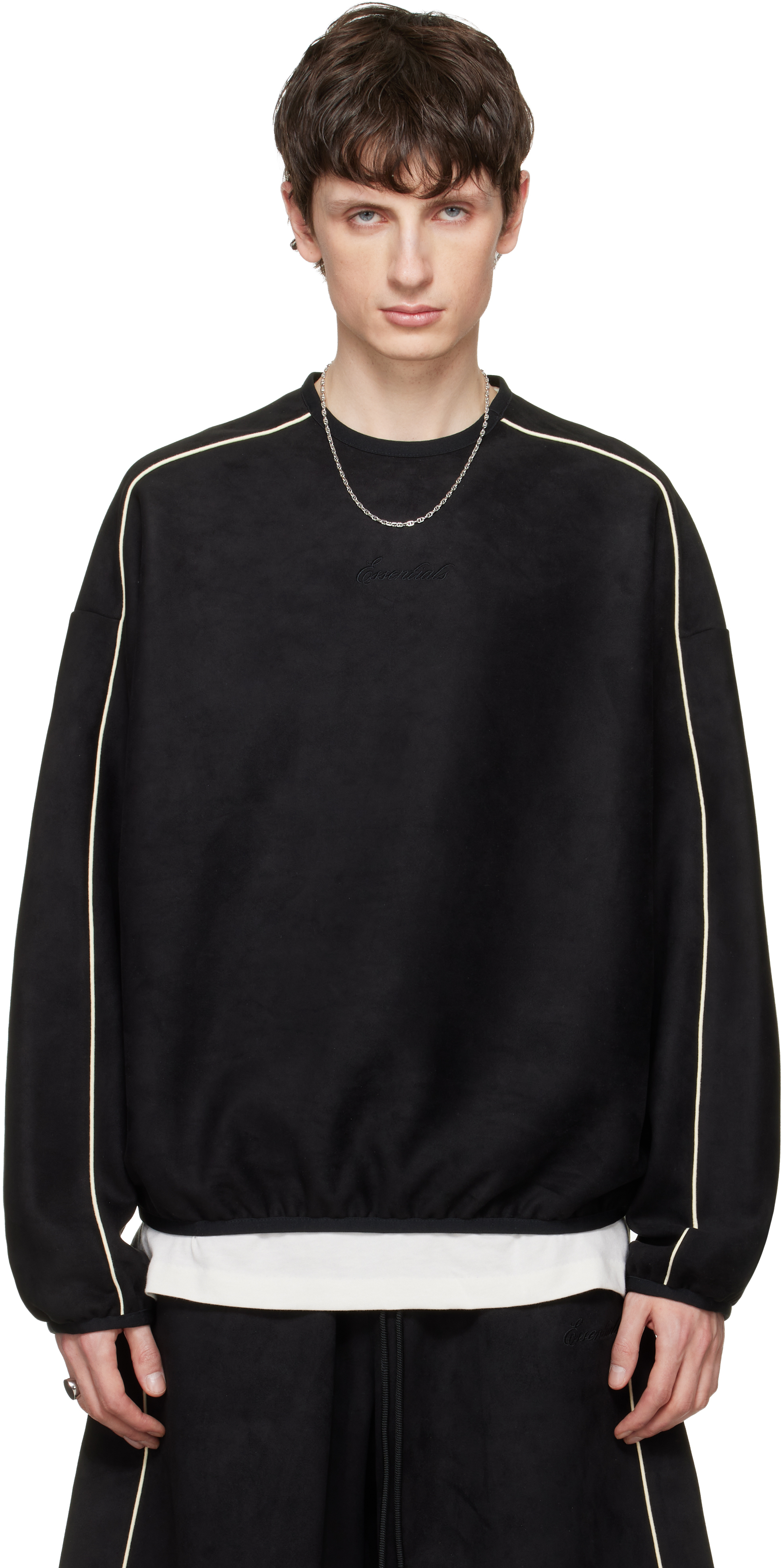 Black Signature Modern Crewneck Faux-Suede Sweatshirt