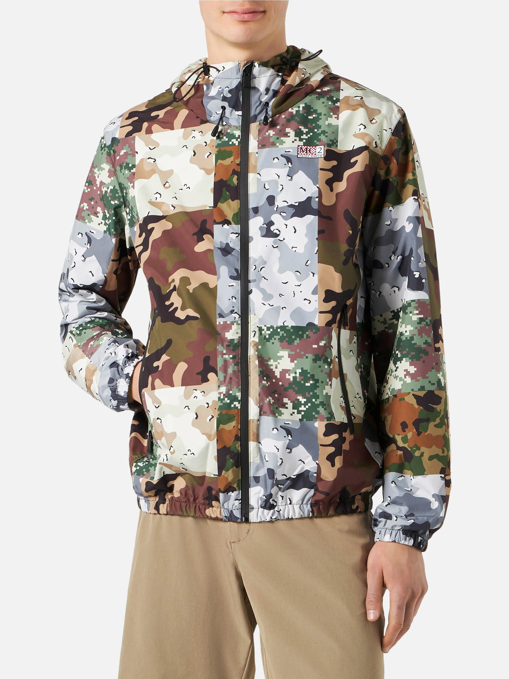 Man Hooded Lightweight Windbreaker With Camouflage Print Green Jacket - Men