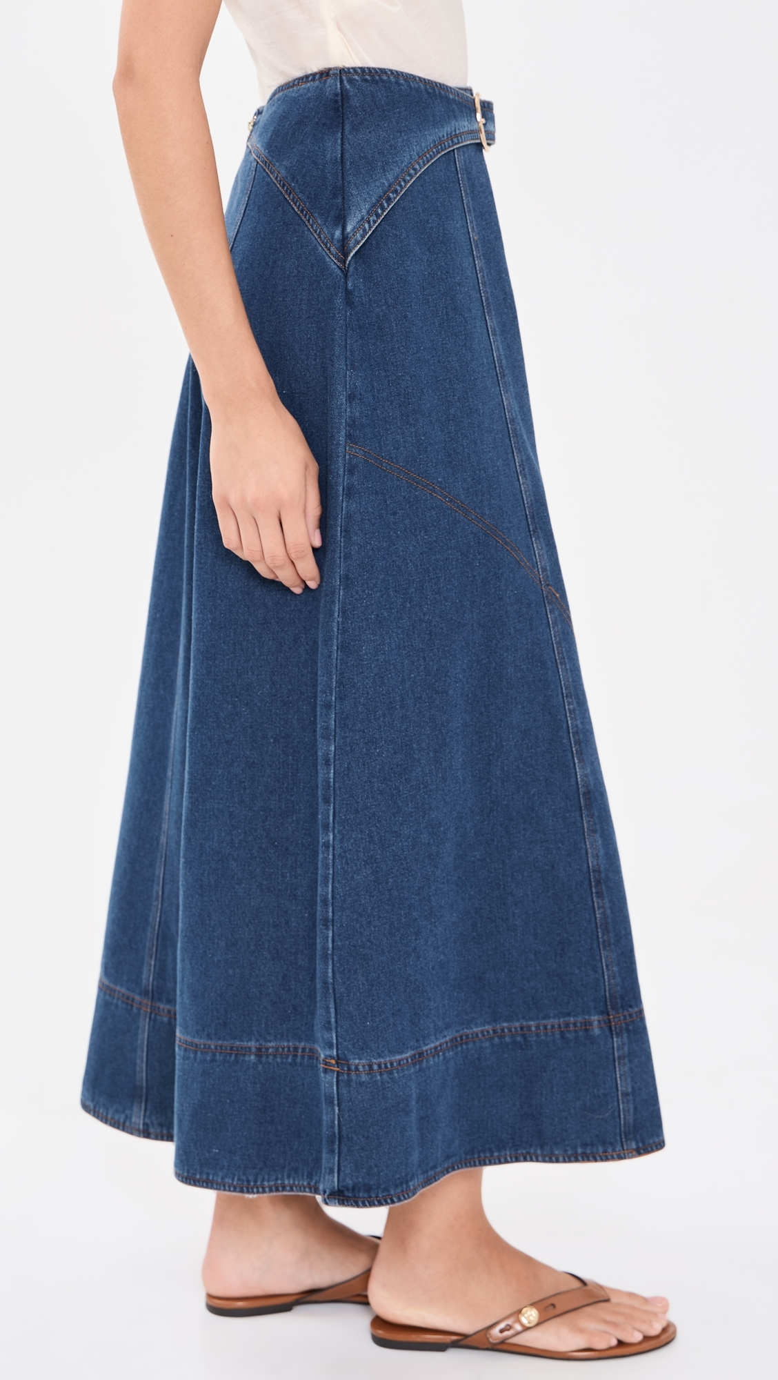 Belt Buckle Detail Denim Midi Skirt Denim Blue