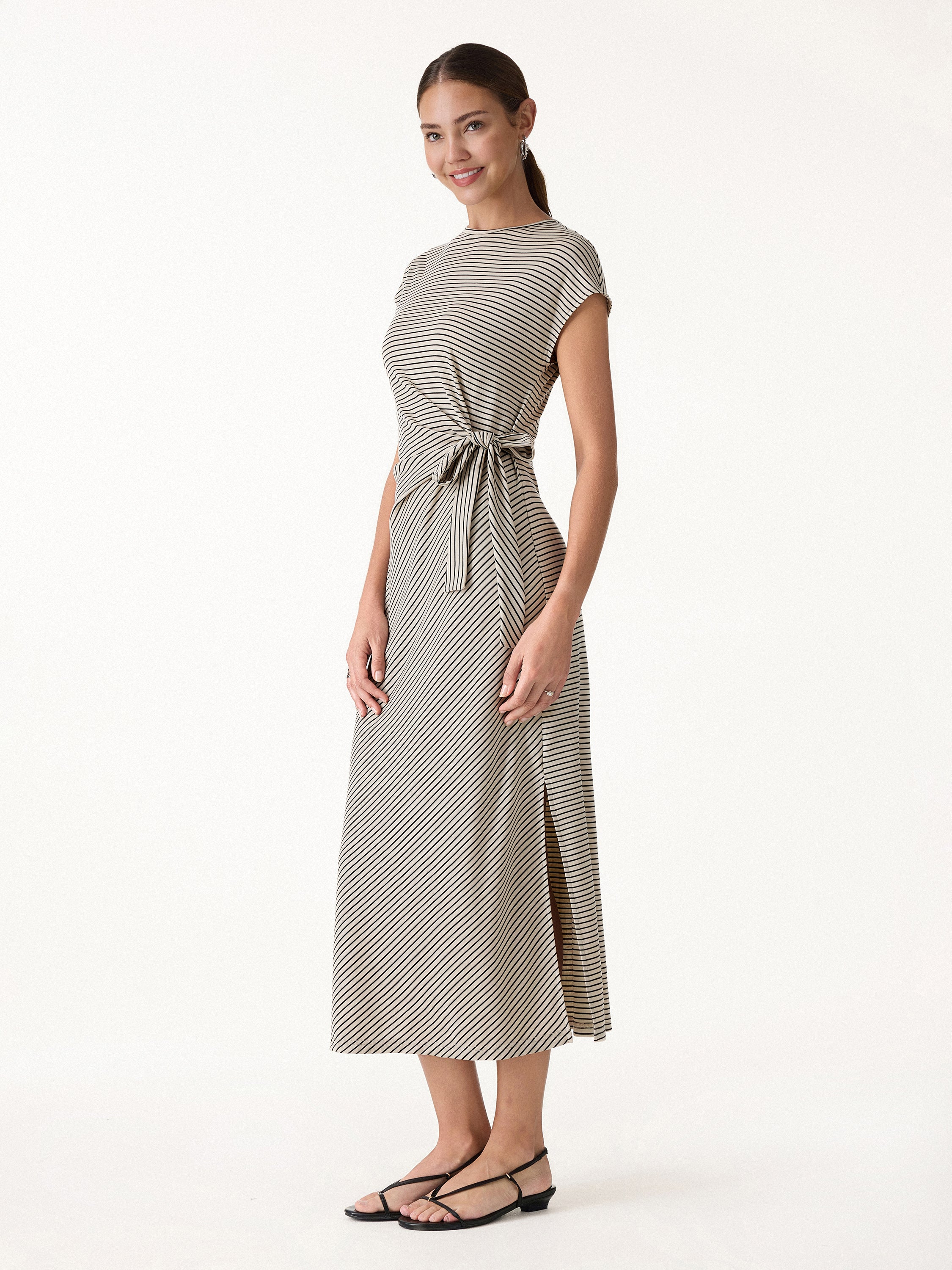Striped Relaxed Midi Dress with Self-Tie - Khaki/Black Stripe
