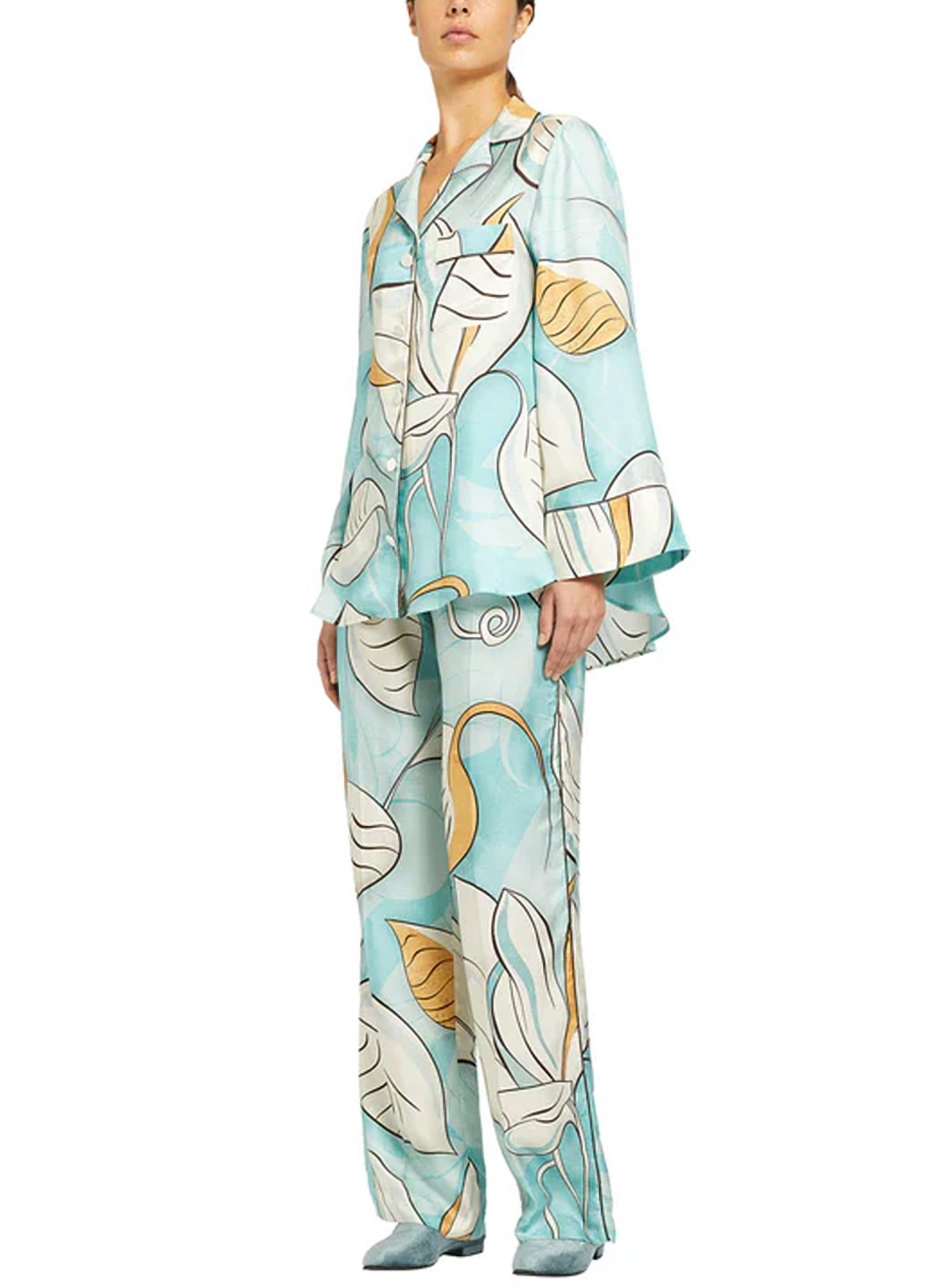 Emera Geometric Leaves Shirt And Doride Pant Set In Teal