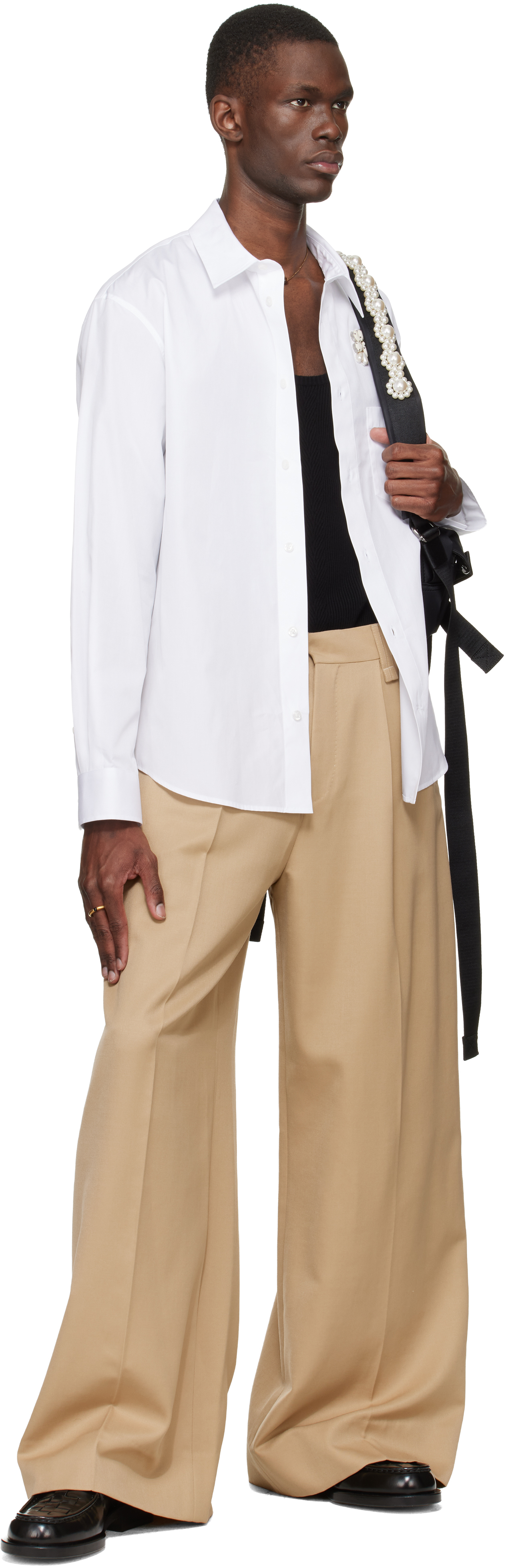 Beige Wide Leg Belt Loop Tab Trousers