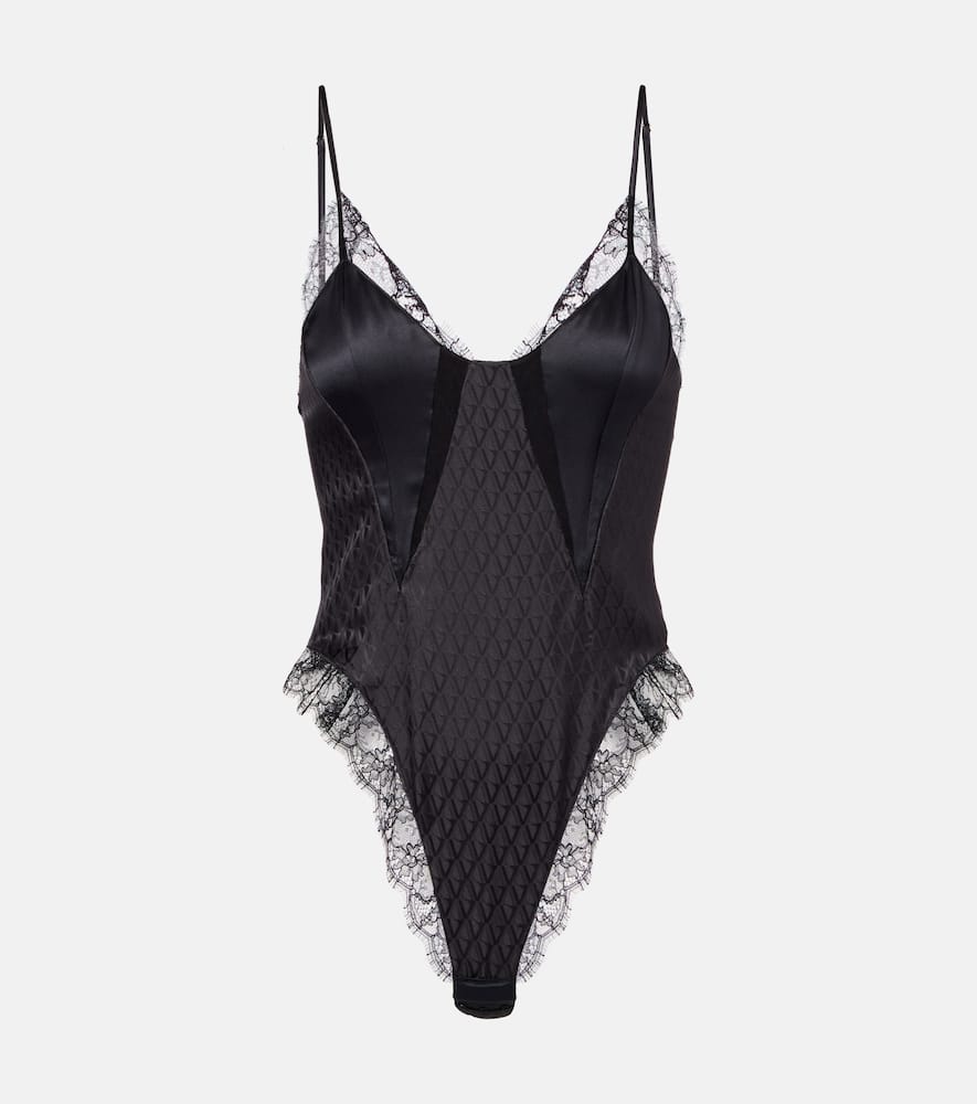 Lace-trimmed silk-blend satin bodysuit