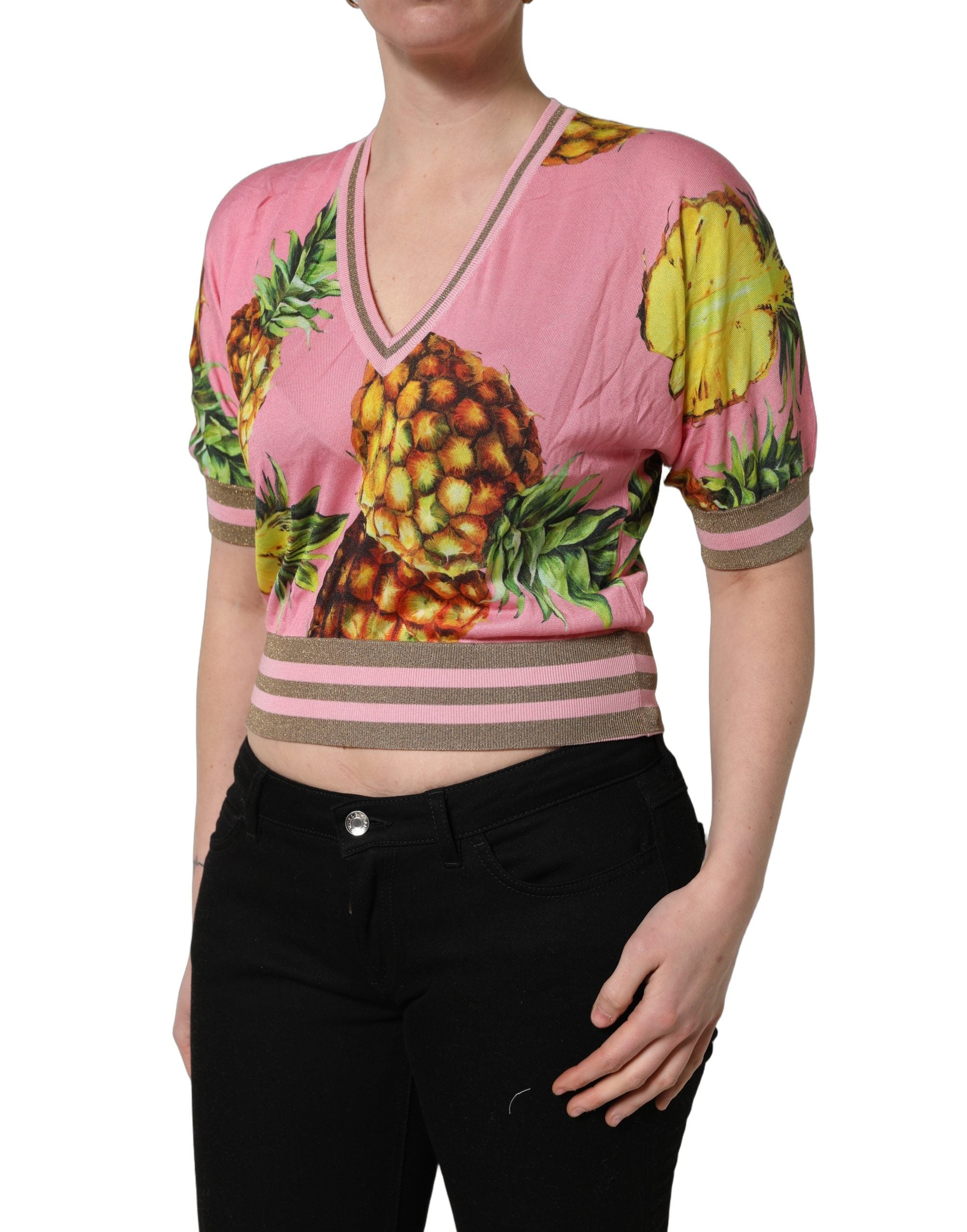 Pineapple-Print Silk Blouse — Pink