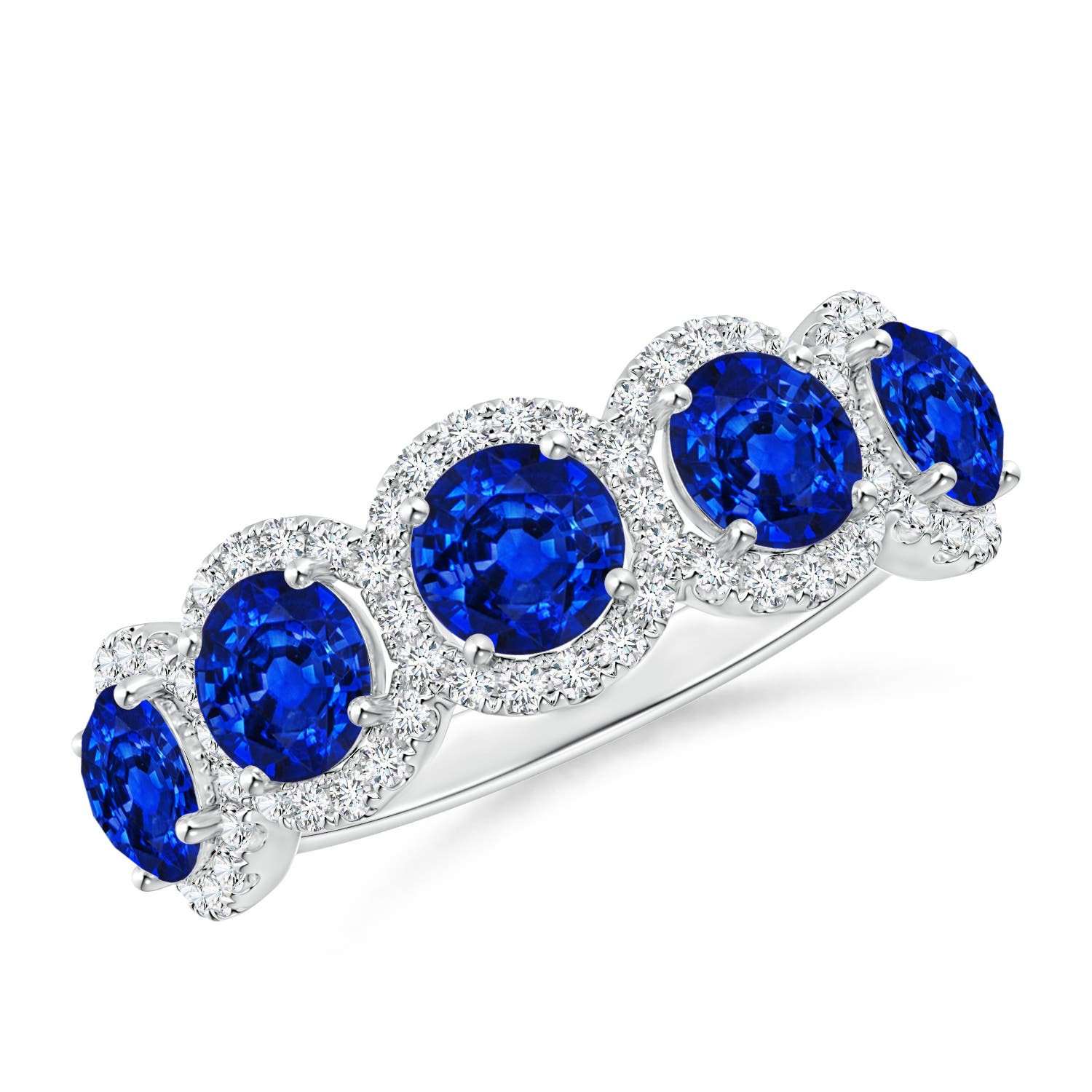 Angara 2.3 Carats Half Eternity Five-Stone Sapphire Halo Ring in 14K White Gold