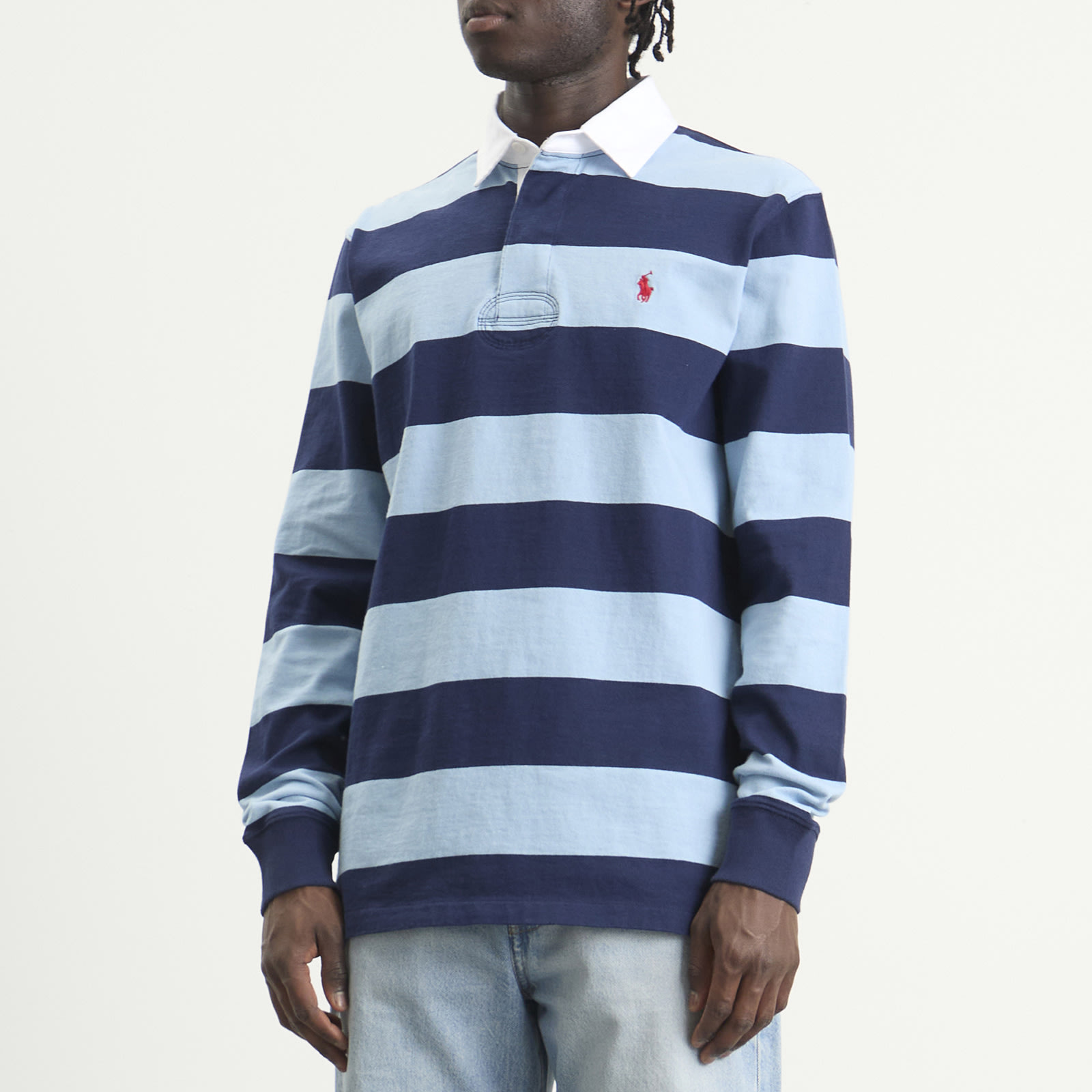 Men's Long Sleeve Rugby Shirt in Powder Blue/Newport Navy