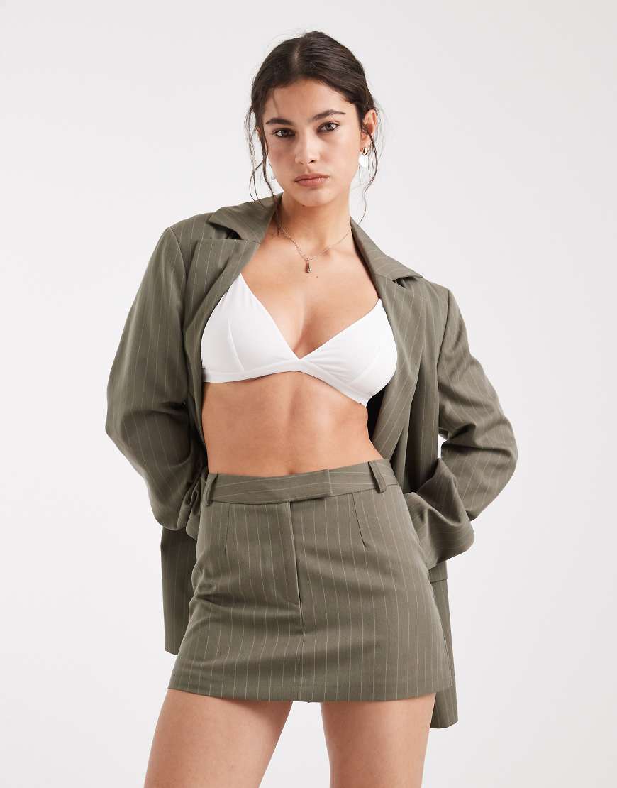 Tailored micro mini skort co-ord in khaki pinstripe-Multi