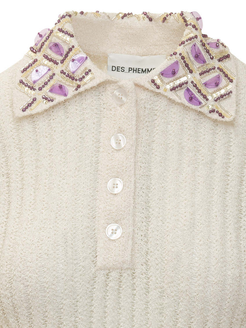 White Embellished Shirt Collar Polo