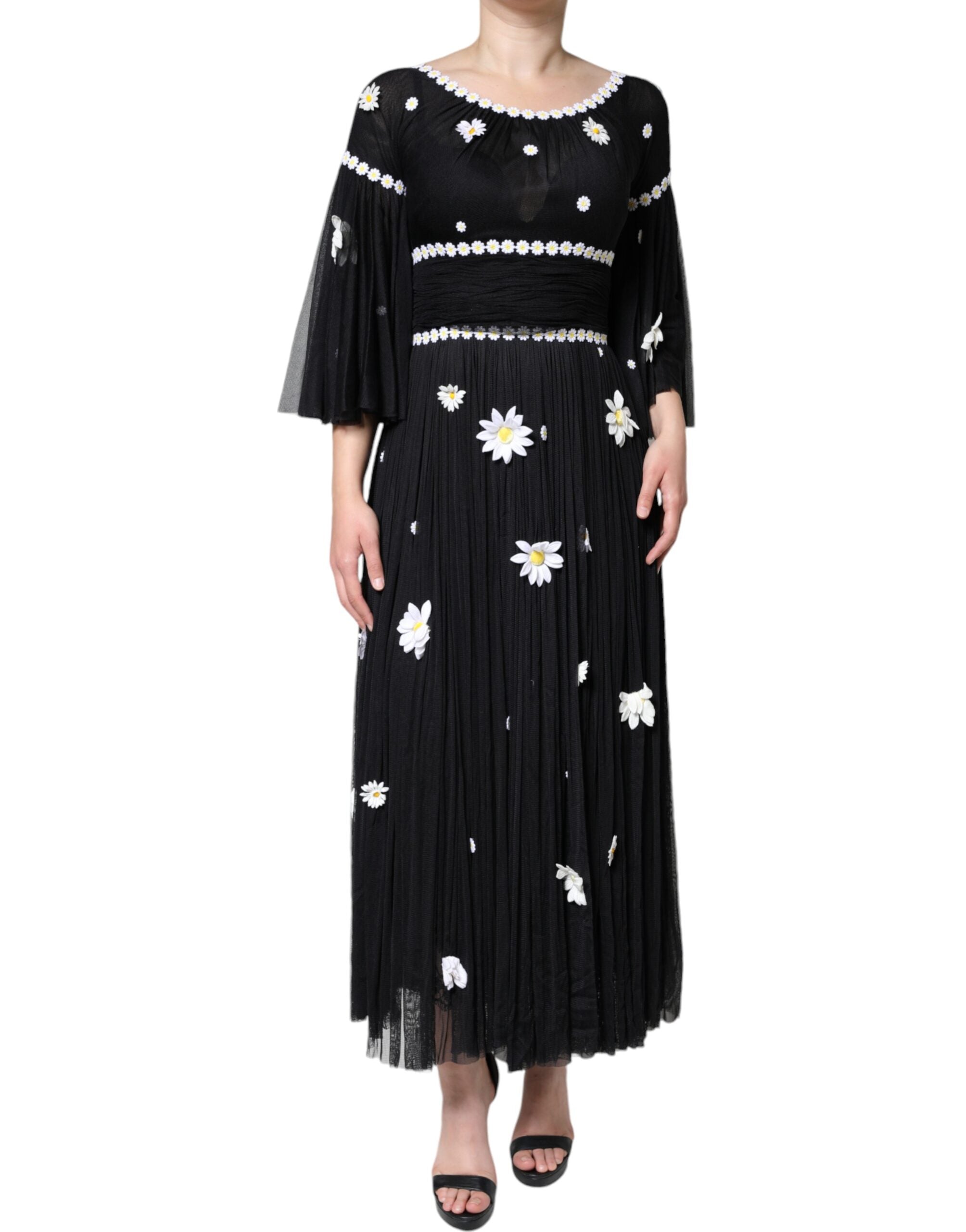 Silk Daisy Print Dress — Black
