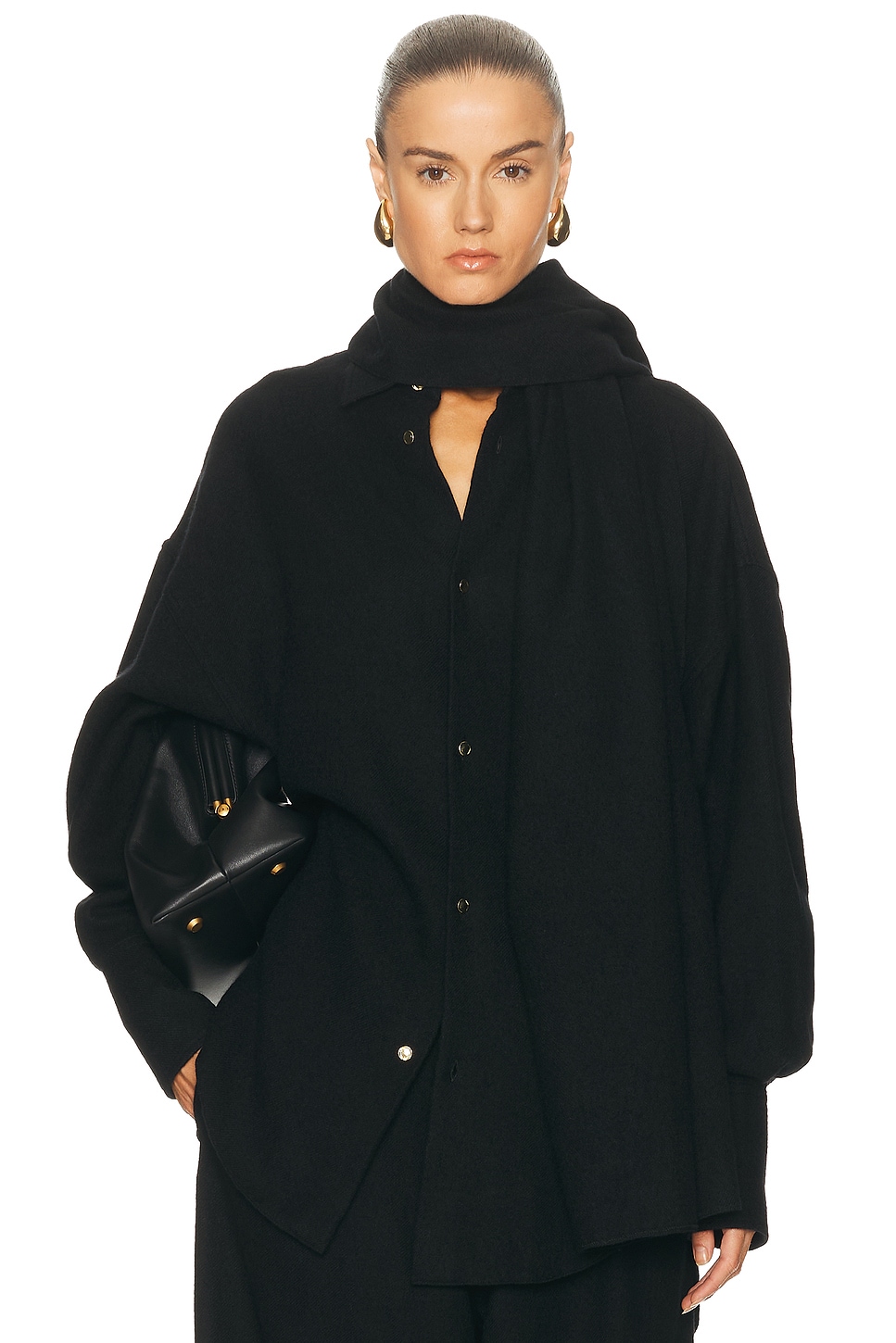 DARKPARK Georgia Detachable Scarf Japanese Light Wool Shirt in Black - Black. L also in