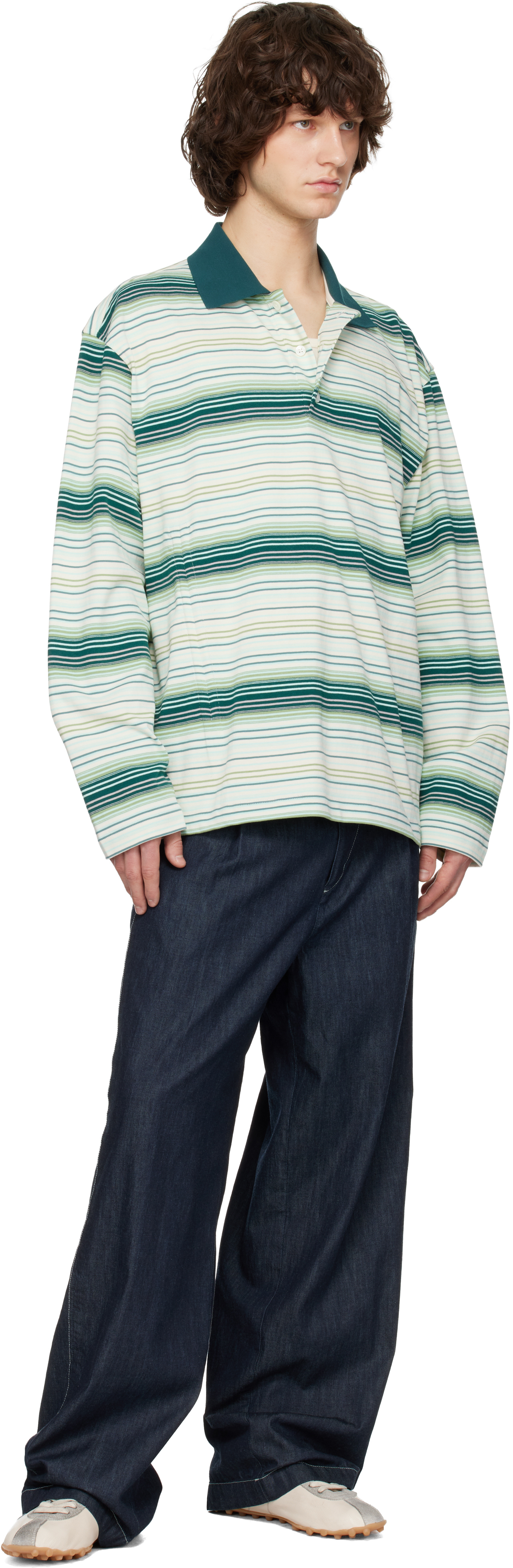 Green Striped Drawstring Collar Neck Long Sleeve Polo