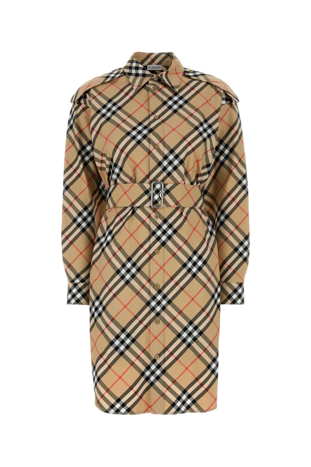 Checked Cotton Dress — Beige