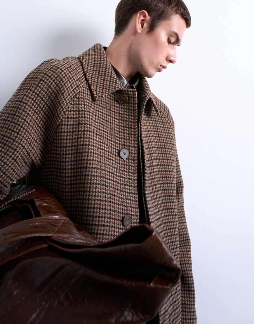 Oversized brushed check wool overcoat in brown