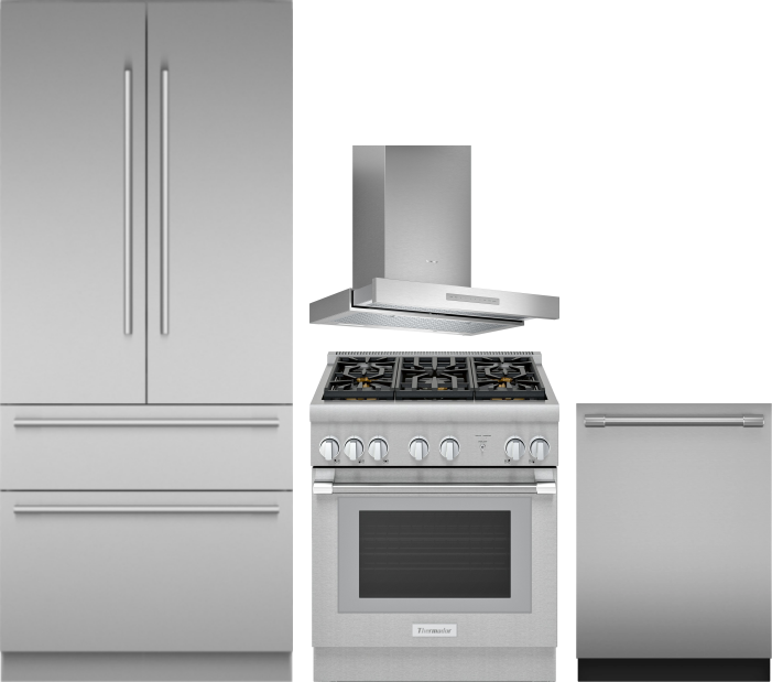 Thermador 4 Piece Kitchen Appliances Package with French Door Refrigerator, Gas Range and Dishwasher in Stainless Steel THRERADWRH1317
