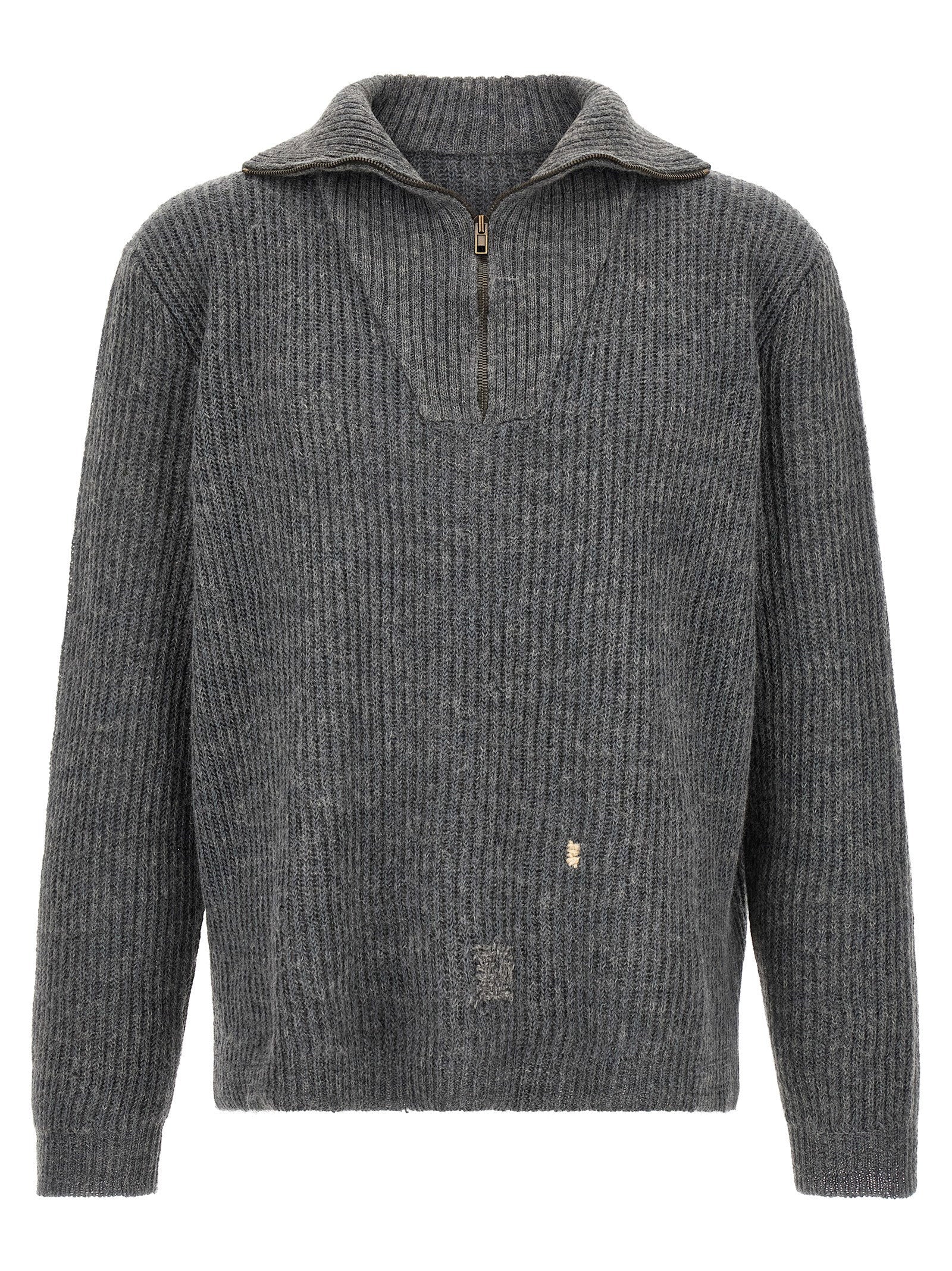 Ribbed Wool-Linen with Mending Details Sweater — gray