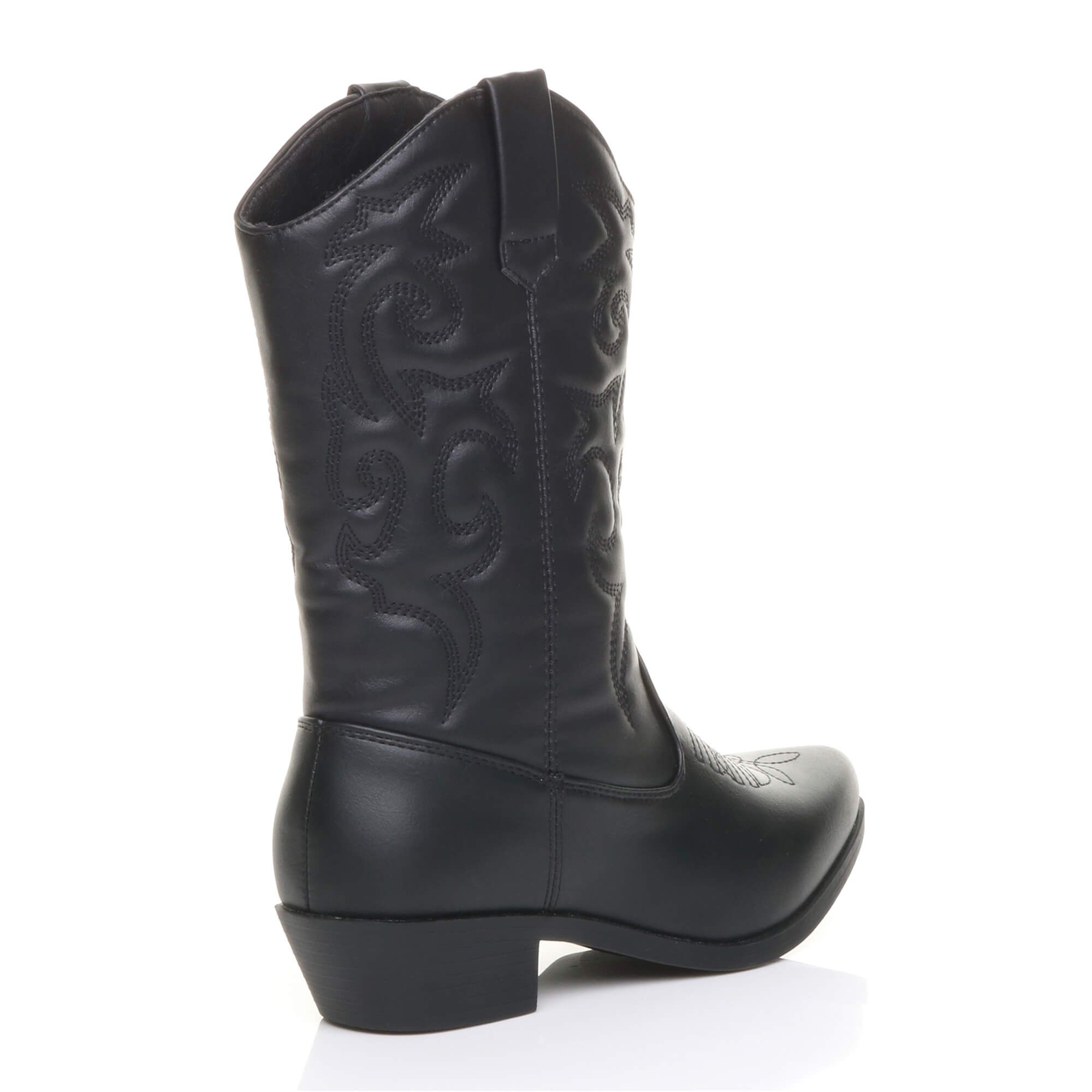 AJVANI Women's Low Cuban Heel Embroidered Cowboy Western Boots in Black