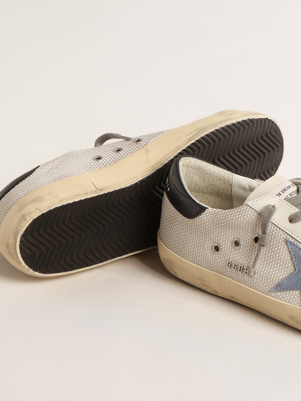 Golden Goose - Super-star In Pale Silver Mesh With Light Blue Suede Star, Man