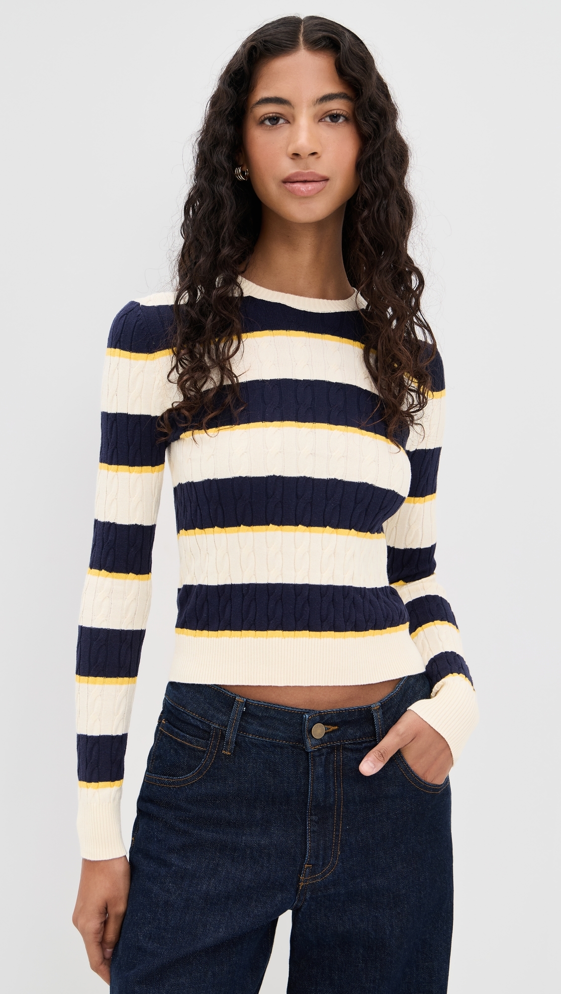 Cable Knit Pullover Ivory/Navy/Yellow