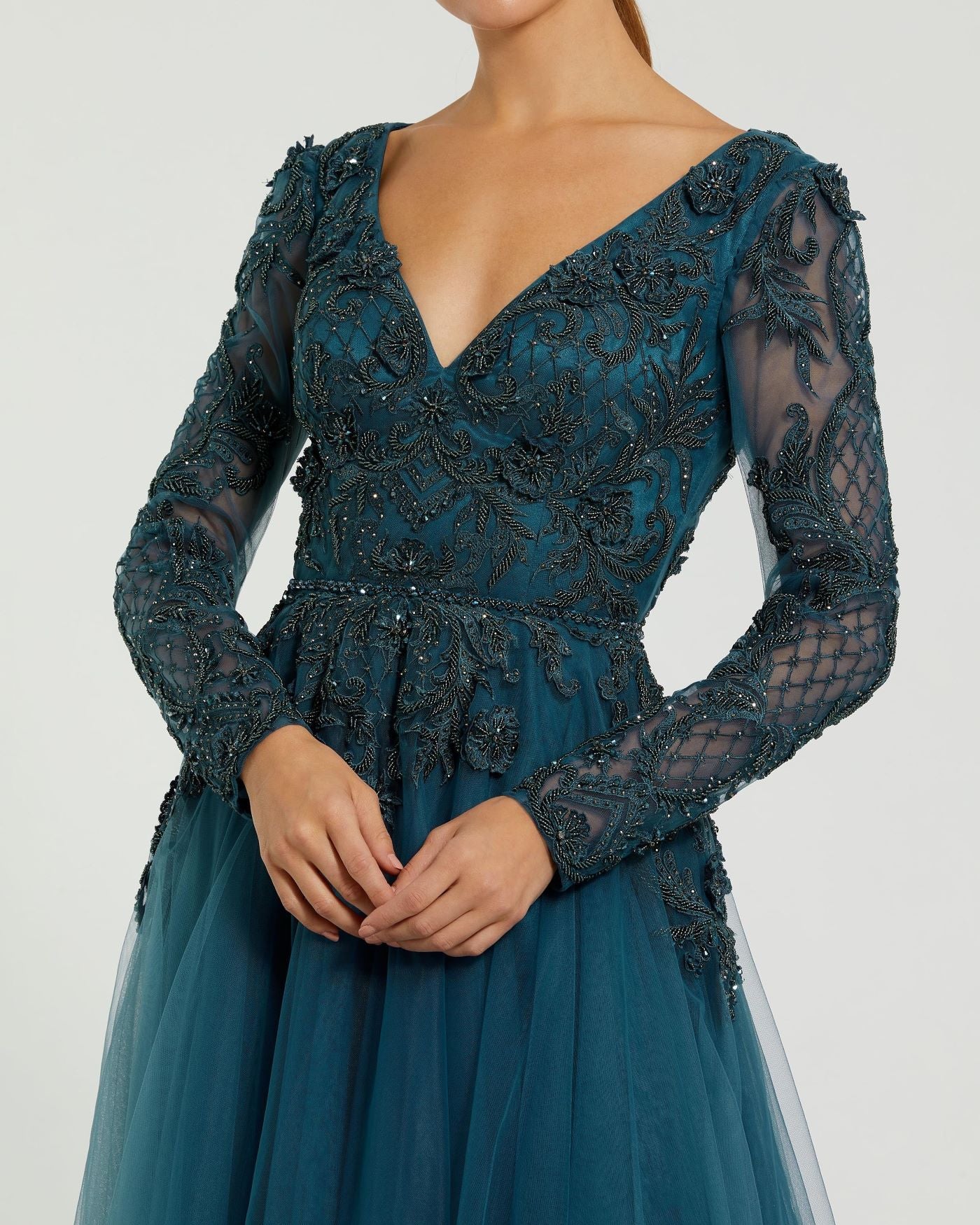 Long Sleeve Embellished Tulle Wedding Guest Maxi Gown In Teal