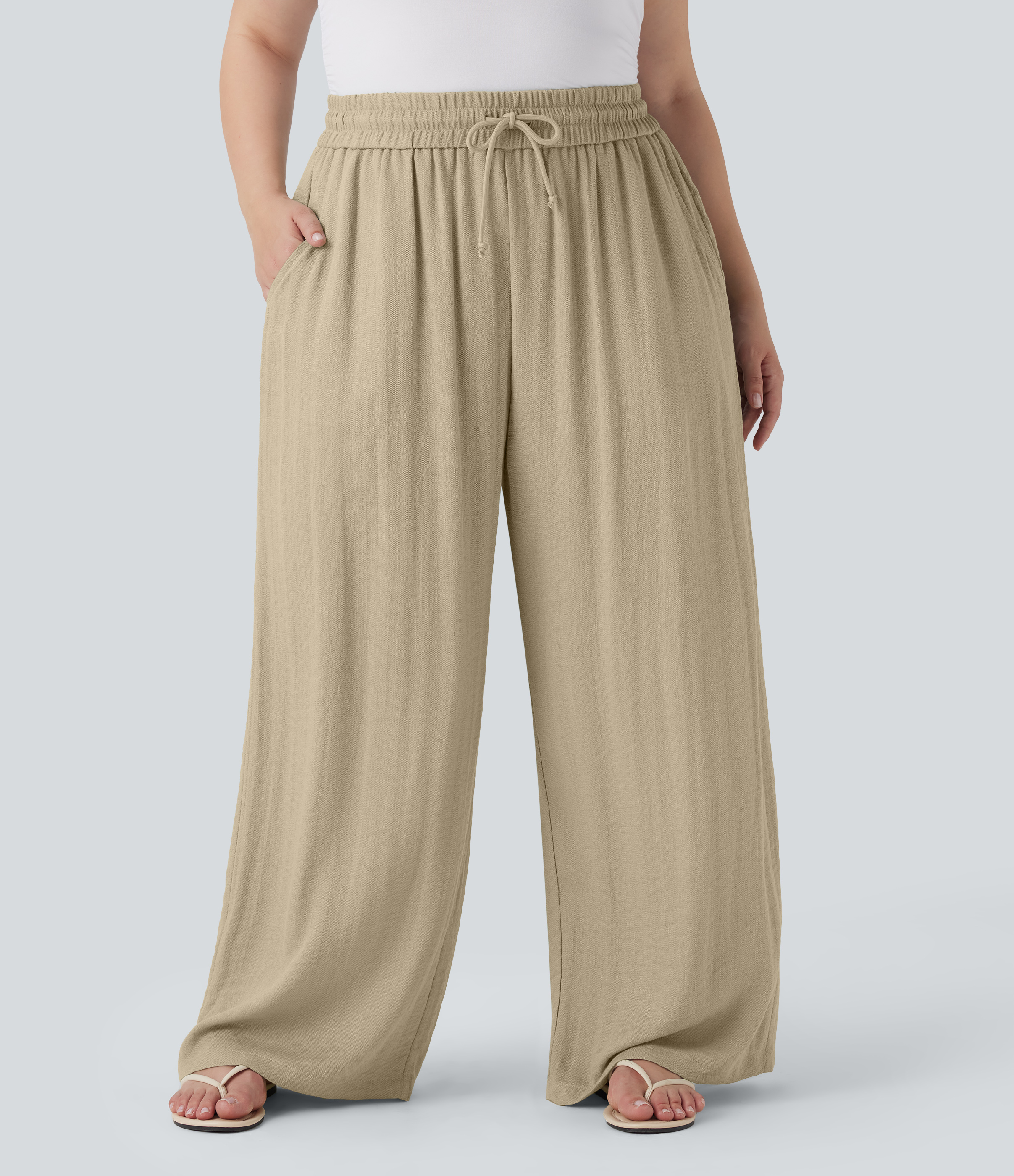 High Waisted Drawstring Linen-Feel Wide Leg Casual Plus Size Pants with Pockets  - Fields of Rye