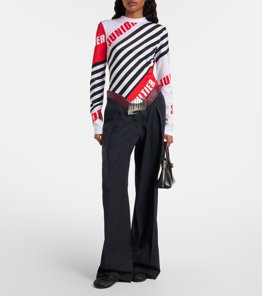 Leather-trimmed wool wide-leg pants