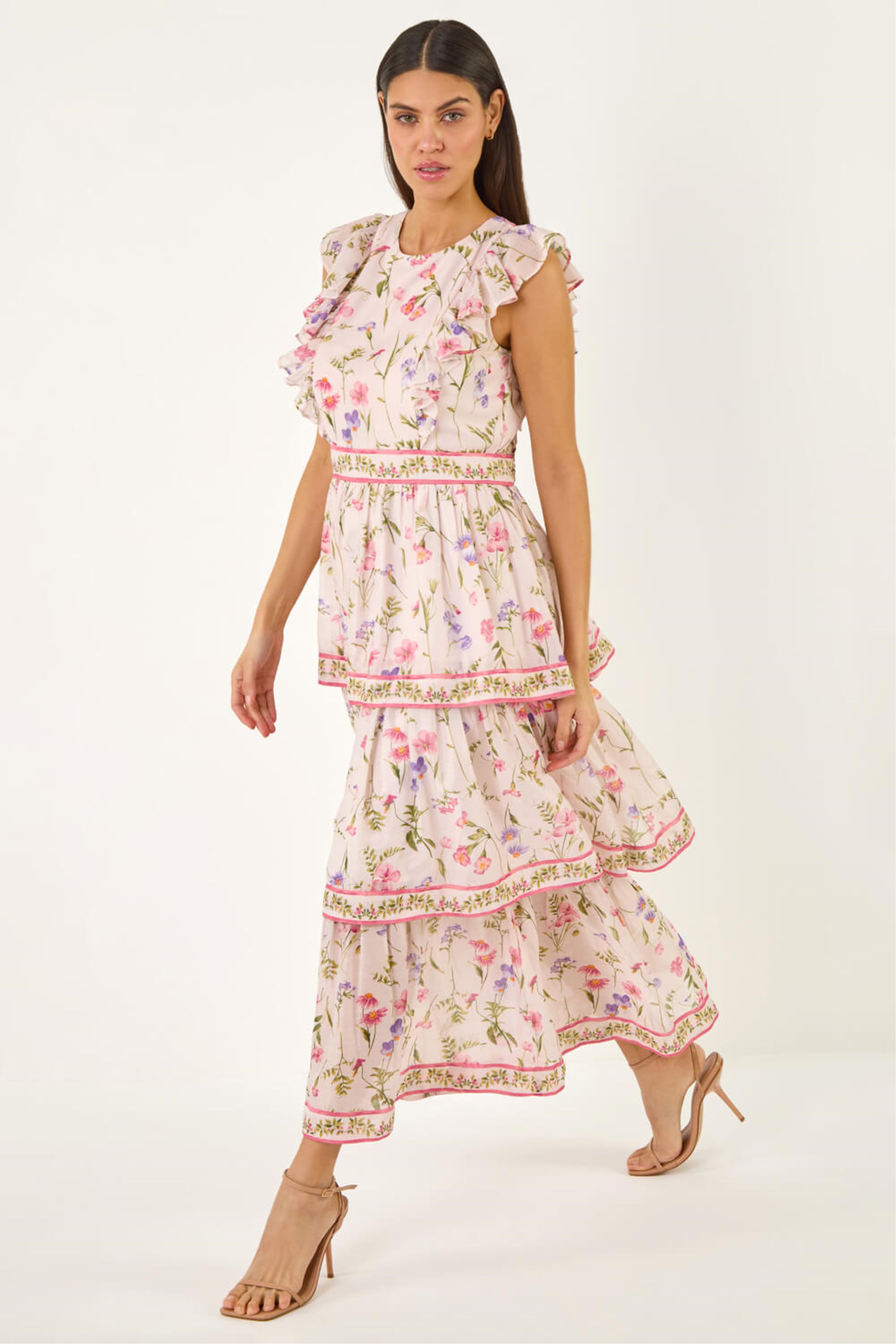 Roman Womens Floral Border Print Frill Maxi Dress - Pink