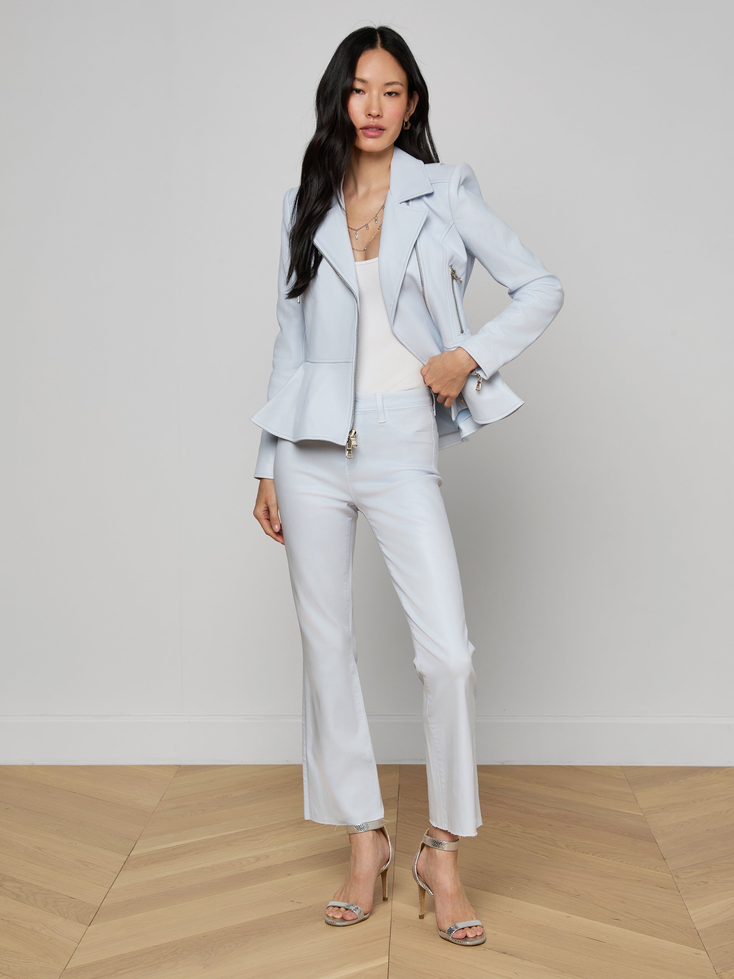 Lyric Peplum Biker Jacket In Pale Mist Blue