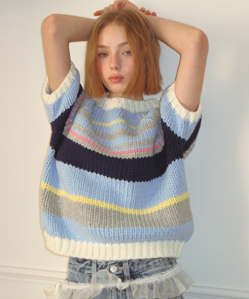 MULTI STRIPE SHORT SLEEVE KNIT SOFT BLUE